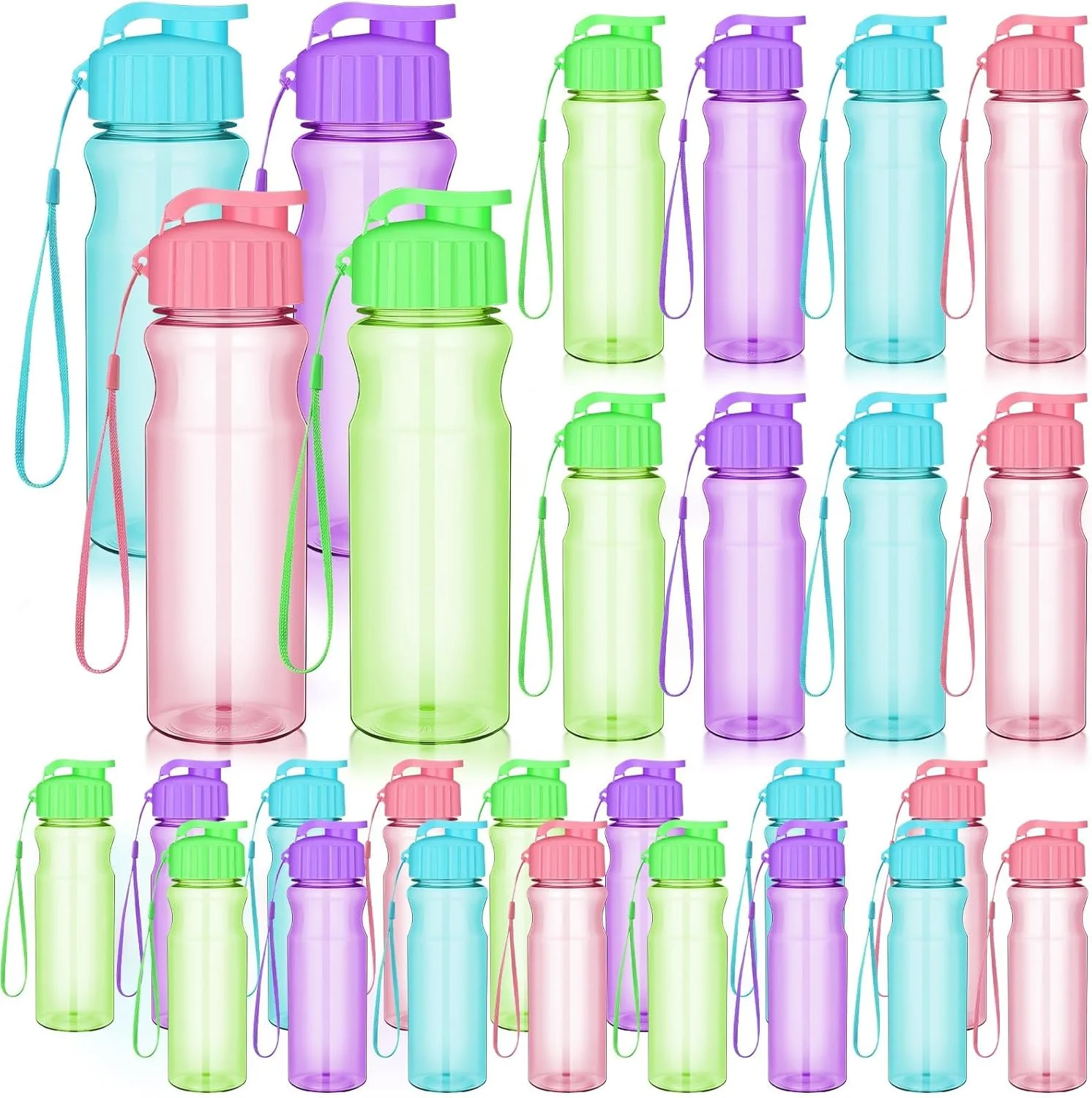 بسته 20 عددی بطری آب پلاستیکی برای کودکان، بطری ورزشی 500 میلی لیتری با درب تاشو و بند برای بزرگسالان، بطری های آب سبک و ضد نشت برای کمپینگ، باشگاه، مهمانی، مسافرت در فضای باز