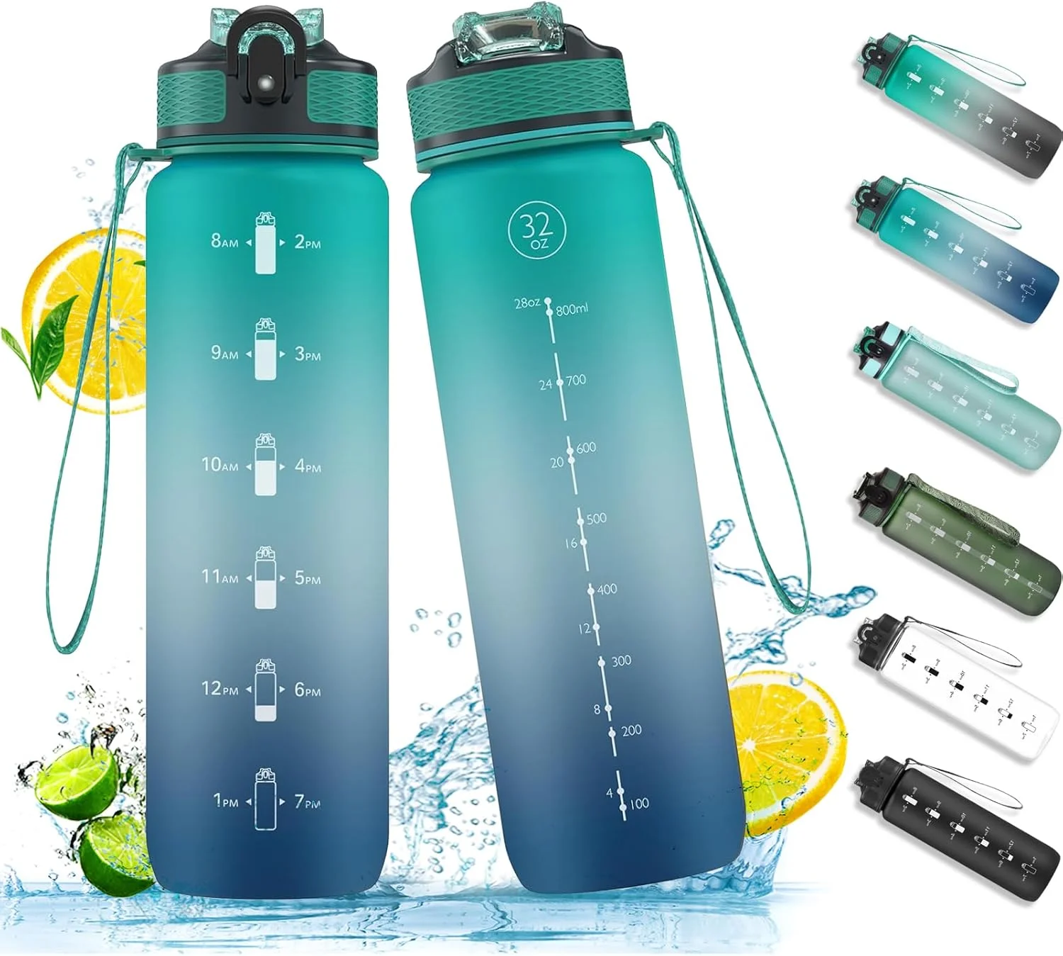 بطری آب ورزشی 1 لیتری با نی و نشانگرهای زمان، بطری آب تریتان ضد نشت، بدون BPA برای تناسب اندام/دوچرخه سواری/کمپینگ/دویدن (آبی سبز)