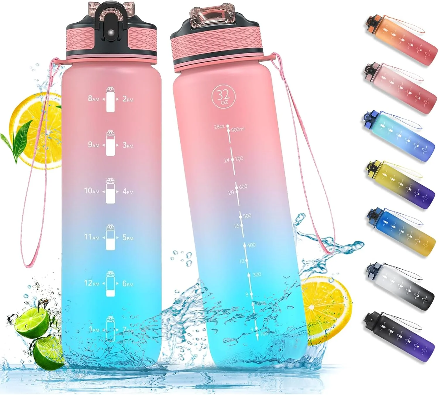 بطری آب ورزشی 1 لیتری با نی و نشانگرهای زمان، بطری آب ضد نشت تریتان، بدون BPA مناسب برای تناسب اندام/دوچرخه سواری/کمپینگ/دویدن (آبی پودری تیره)