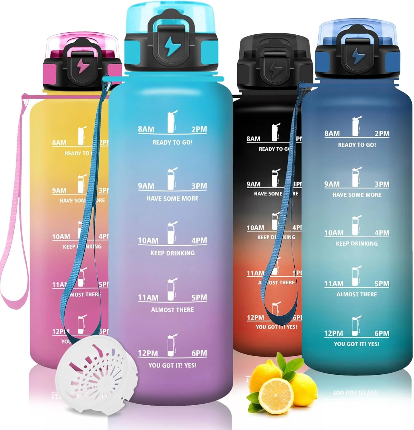 بطری آب ورزشی، ۱.۵ لیتر، مناسب برای نوشیدنی های گازدار، ضد نشت، بطری آب با فیلتر و علامت گذاری زمان برای باشگاه، دفتر و استفاده در فضای باز