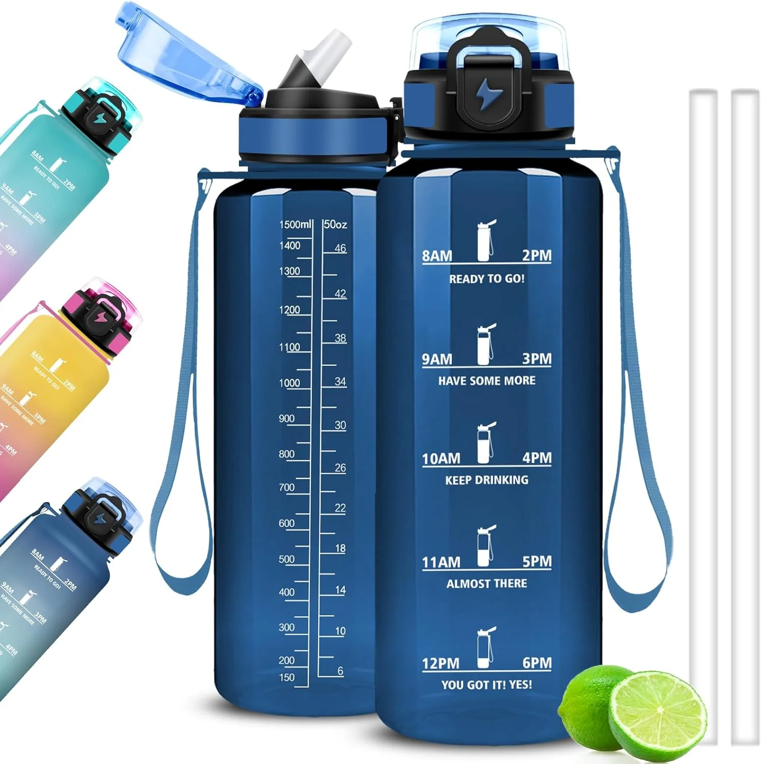 بطری نوشیدنی 1.5 لیتری، بطری آب ورزشی، ضد نشت، برای بزرگسالان، بطری آب با نی، تمیز کردن آسان، مناسب برای نوشیدنی های گازدار، برای باشگاه، فضای باز، مدرسه، ورزشگاه