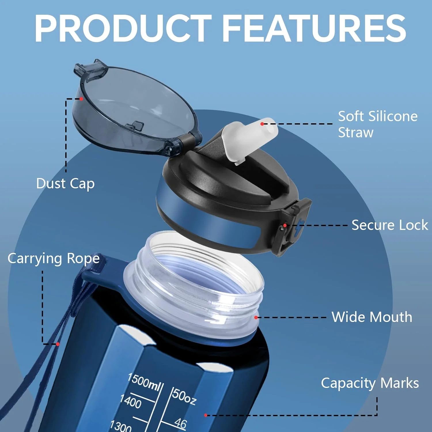 بطری نوشیدنی 1.5 لیتری، بطری آب ورزشی، ضد نشت، برای بزرگسالان، بطری آب با نی، تمیز کردن آسان، مناسب برای نوشیدنی های گازدار، برای باشگاه، فضای باز، مدرسه، ورزشگاه