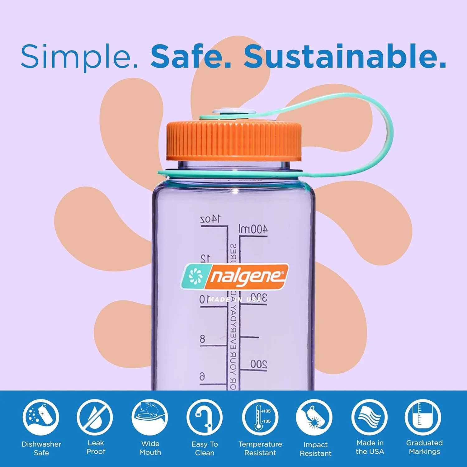 بطری آب نالجن سাস্টین تریتان بدون BPA ساخته شده از مواد مشتق شده از 50٪ ضایعات پلاستیکی، 473 میلی لیتر، دهانه پهن