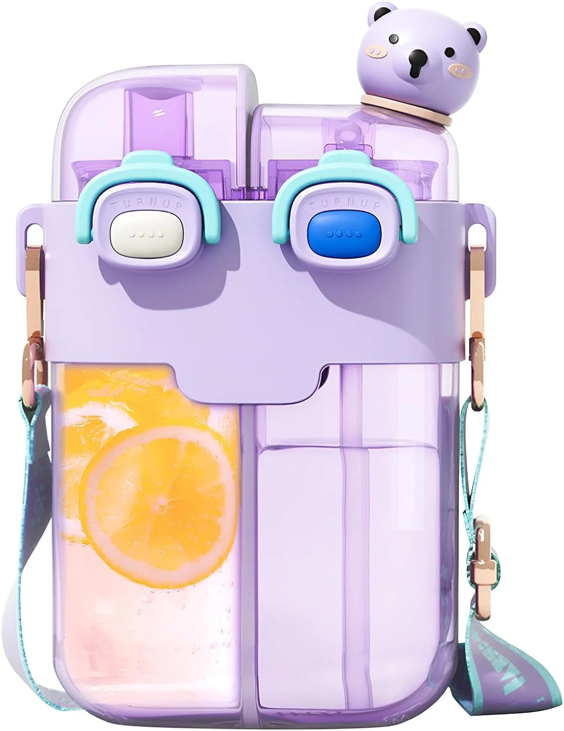 بطری آب خرسی کاوائی 768 میلی لیتری، فنجان ضد نشت دو محفظه ای زیبا با نی و بند برای ورزش و مسافرت (بنفش)