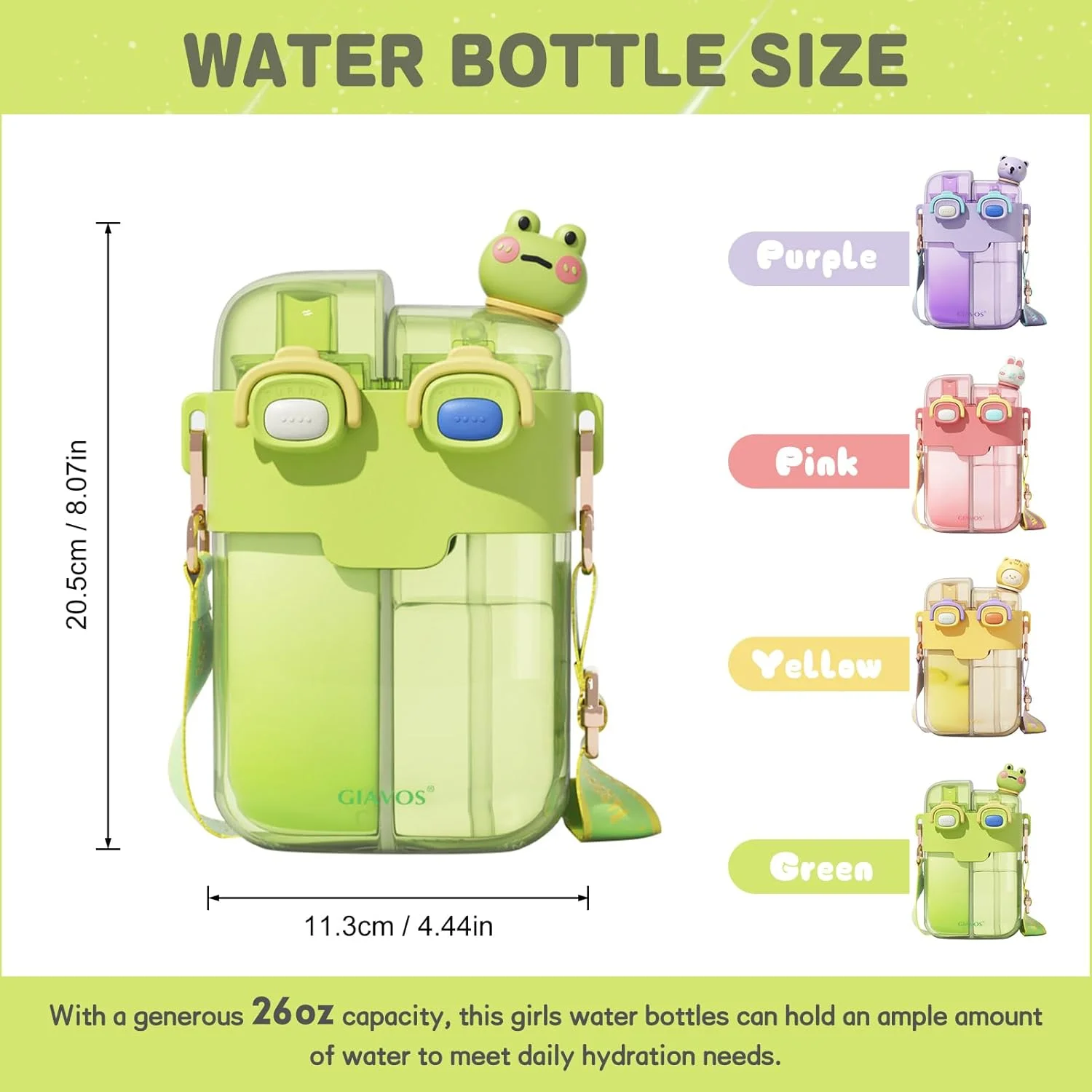 بطری آب خرسی کاوائی 768 میلی لیتری، فنجان ضد نشت دو محفظه ای زیبا با نی و بند برای ورزش و مسافرت (بنفش)