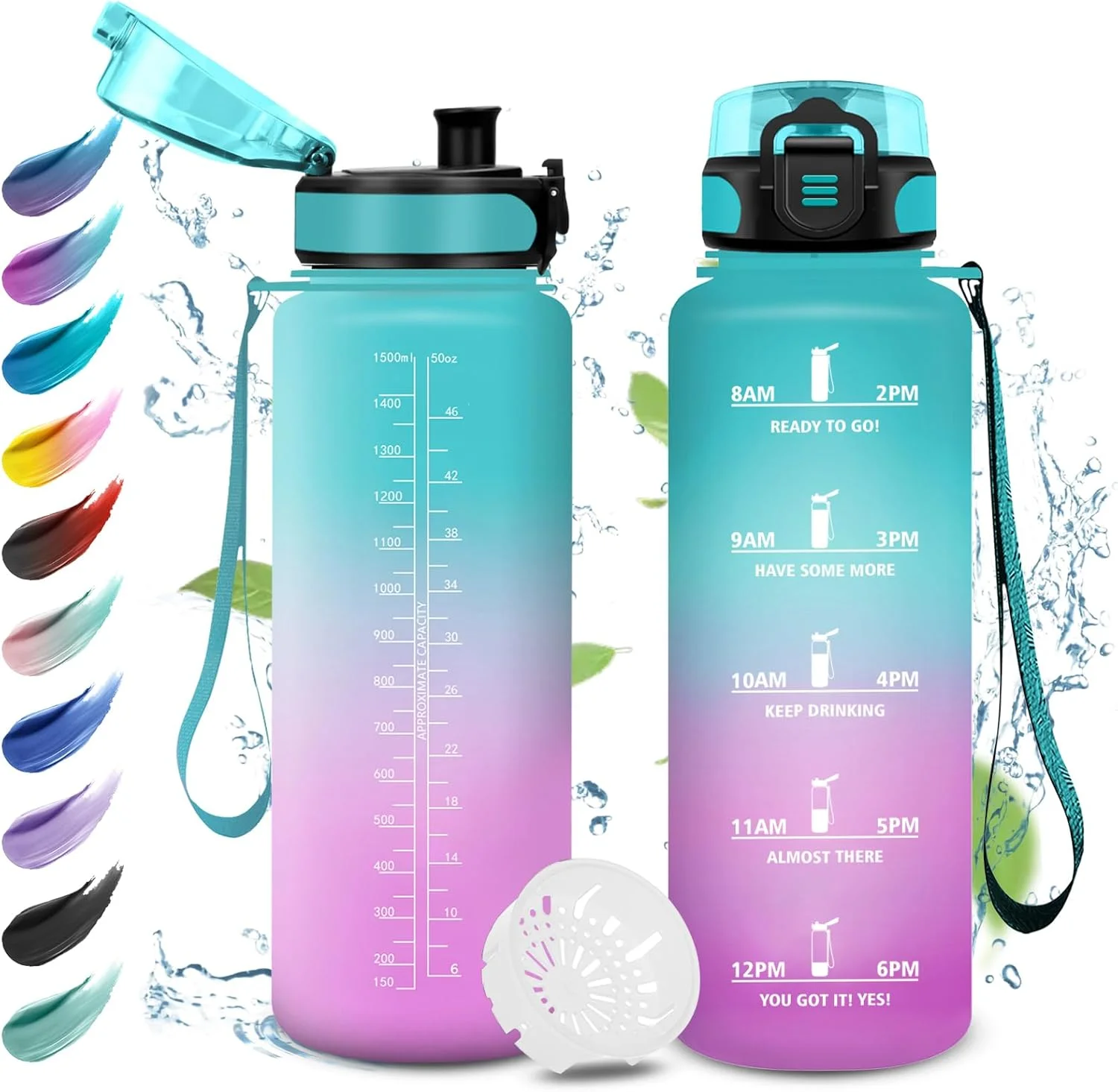 بطری آب ورزشی 1.5 لیتری با فیلتر، بطری آب انگیزشی با علامت گذاری زمان، ضد نشت، بطری آب برای کمپینگ، دوچرخه سواری، فضای باز، بزرگسالان