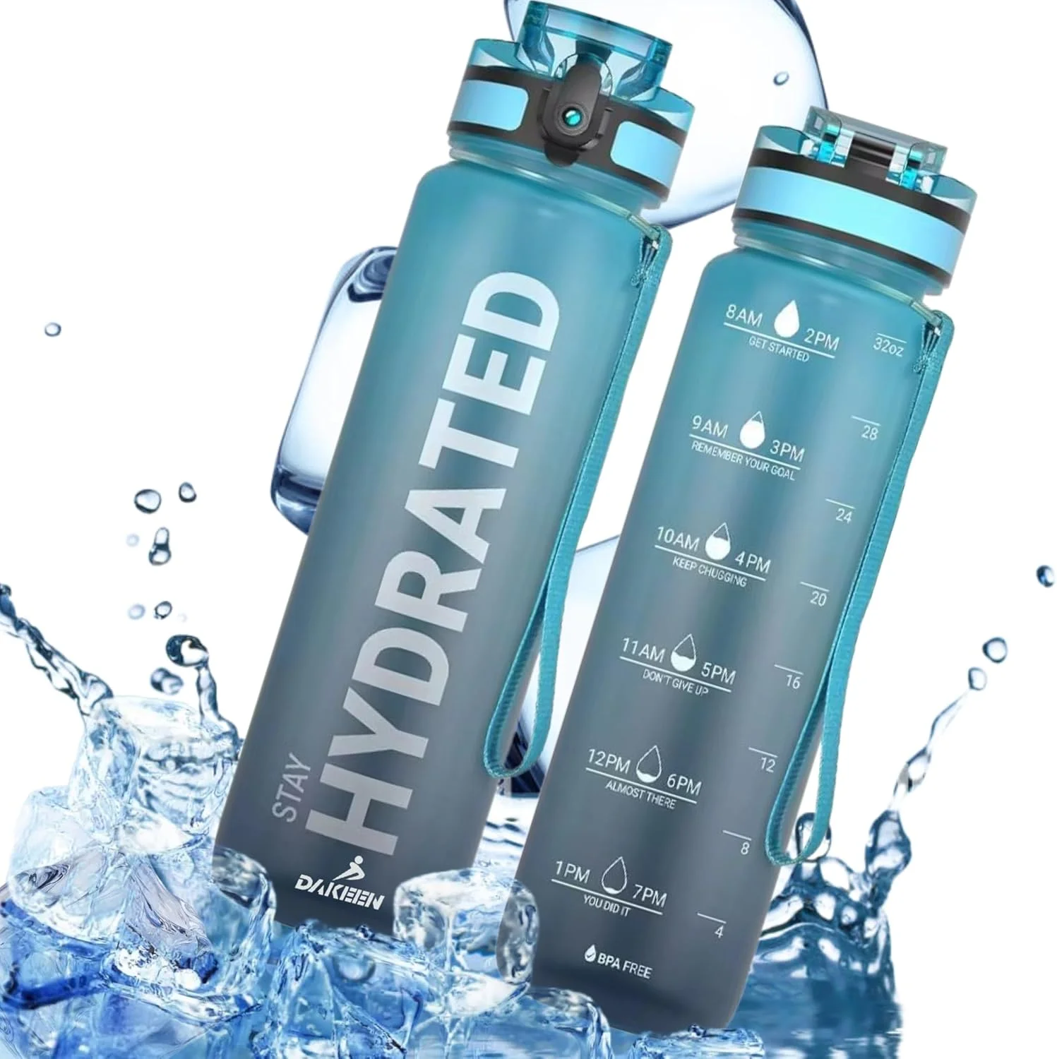 بطری آب بزرگ انگیزشی 1 لیتری پلاستیکی Tritan با نشانگرهای زمان، بطری آب ضد نشت برای کودکان، بطری آب مدرسه (موج آبی)