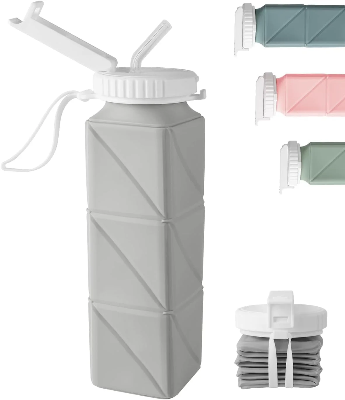 بطری آب تاشو ضد نشت، سیلیکونی بدون BPA، مقاوم در برابر حرارت بالا، با بند ایمن برای دوچرخه سواری، پیاده روی، باشگاه (خاکستری)