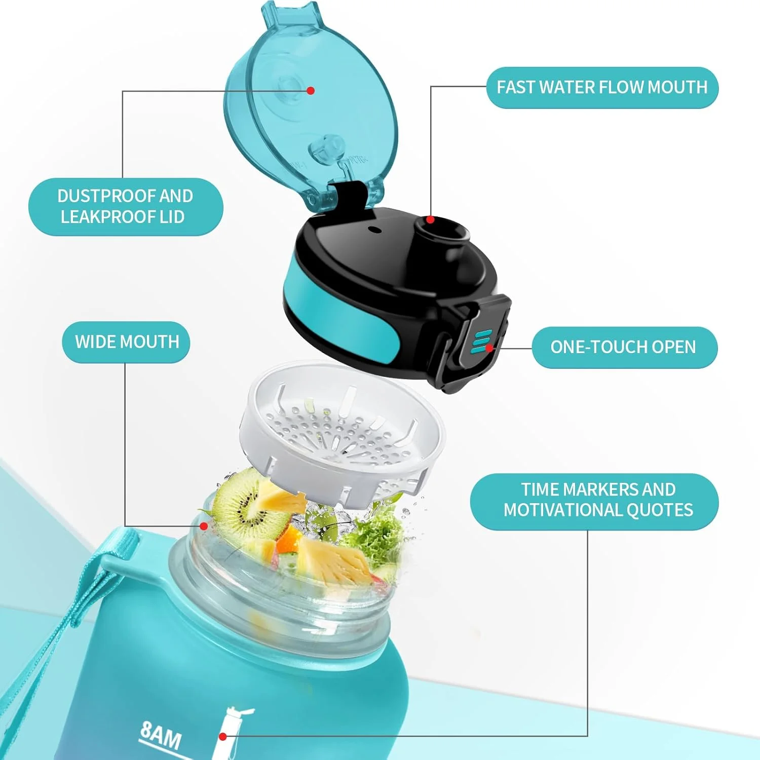 بطری آب ورزشی 1.5 لیتری با فیلتر، بطری آب انگیزشی با علامت گذاری زمان، ضد نشت، بطری آب برای کمپینگ، دوچرخه سواری، فضای باز، بزرگسالان بطری آب ورزشی 1.5 لیتری با فیلتر، بطری آب انگیزشی با علامت گذاری زمان، ضد نشت، بطری آب برای کمپینگ، دوچرخه سواری، فضای باز، بزرگسالان