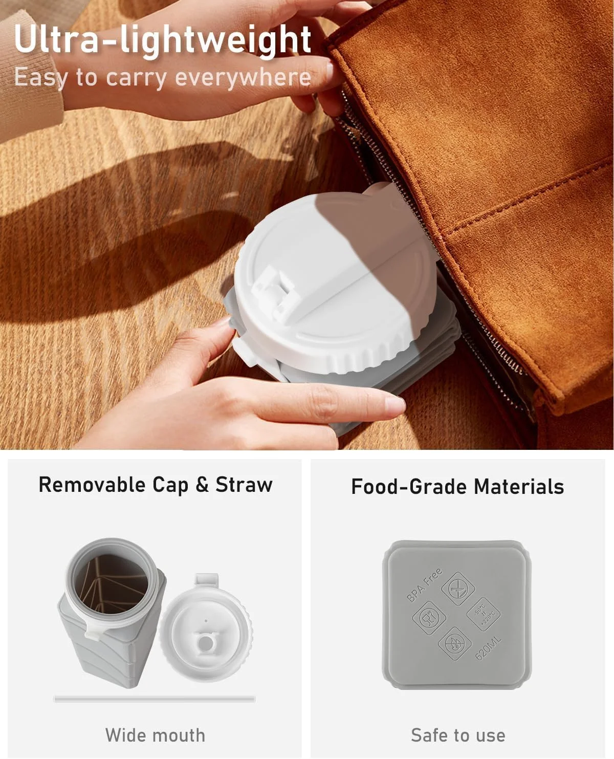 بطری آب تاشو ضد نشت، سیلیکونی بدون BPA، مقاوم در برابر حرارت بالا، با بند ایمن برای دوچرخه سواری، پیاده روی، باشگاه (خاکستری) بطری آب تاشو ضد نشت، سیلیکونی بدون BPA، مقاوم در برابر حرارت بالا، با بند ایمن برای دوچرخه سواری، پیاده روی، باشگاه (خاکستری)