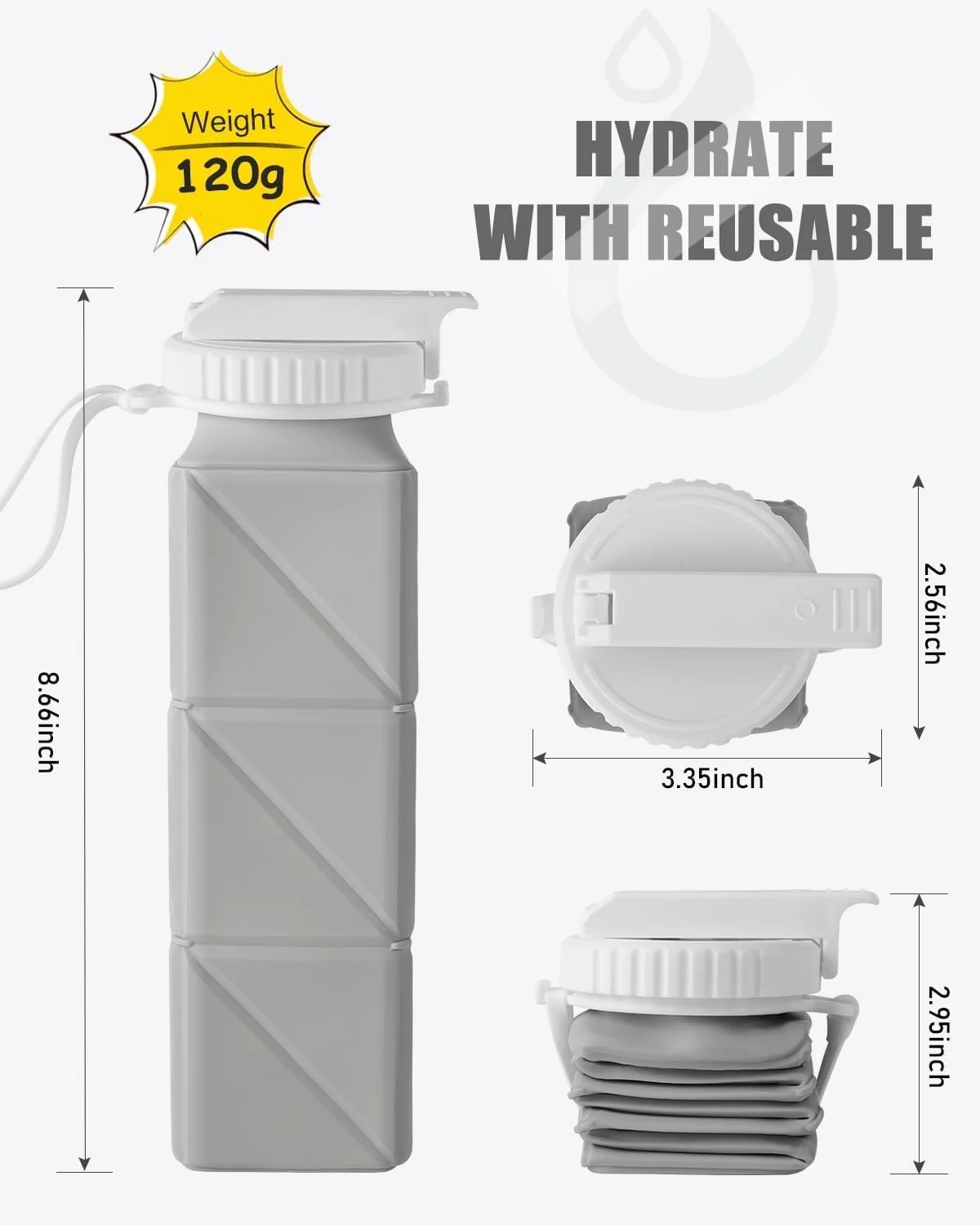 بطری آب تاشو ضد نشت، سیلیکونی بدون BPA، مقاوم در برابر حرارت بالا، با بند ایمن برای دوچرخه سواری، پیاده روی، باشگاه (خاکستری) بطری آب تاشو ضد نشت، سیلیکونی بدون BPA، مقاوم در برابر حرارت بالا، با بند ایمن برای دوچرخه سواری، پیاده روی، باشگاه (خاکستری)