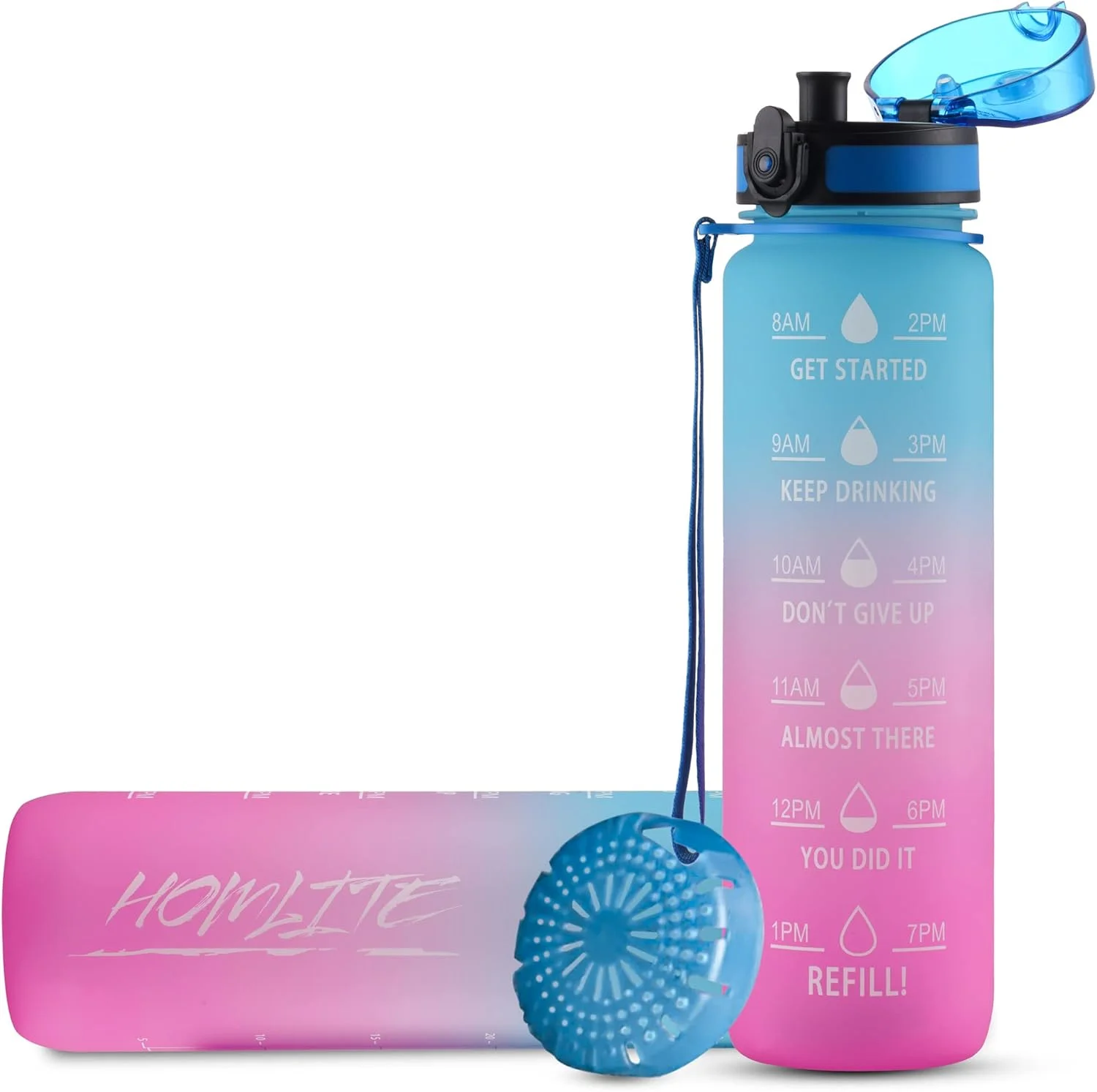 بطری آب ورزشی انگیزشی 1 لیتری با نشانگر زمان و برس تمیز کننده نی - باز شدن با یک کلیک، مقاوم در برابر گرد و غبار، بدون BPA، ضد نشت، برای باشگاه، دوچرخه سواری، مدرسه و کار (آبی-صورتی)