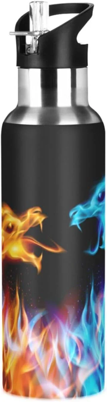 بطری آب 20 اونسی Mnsruu با نی، بطری آب فولادی ضد زنگ طرح اژدهای آتشین برای مسافرت، ورزشی، ضد نشت و عایق