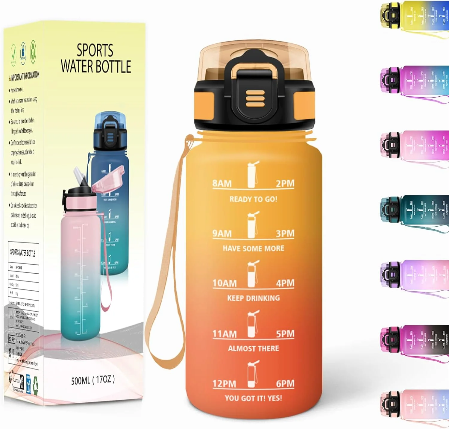 بطری نوشیدنی موتسوئدی با نی، 500 میلی لیتر، بدون BPA، بطری آب کودکانه، ضد نشت، بطری های نوشیدنی ورزشی، مناسب برای نوشیدنی های گازدار، بطری آب برای تناسب اندام، مدرسه، دفتر، ورزش، زرد و نارنجی