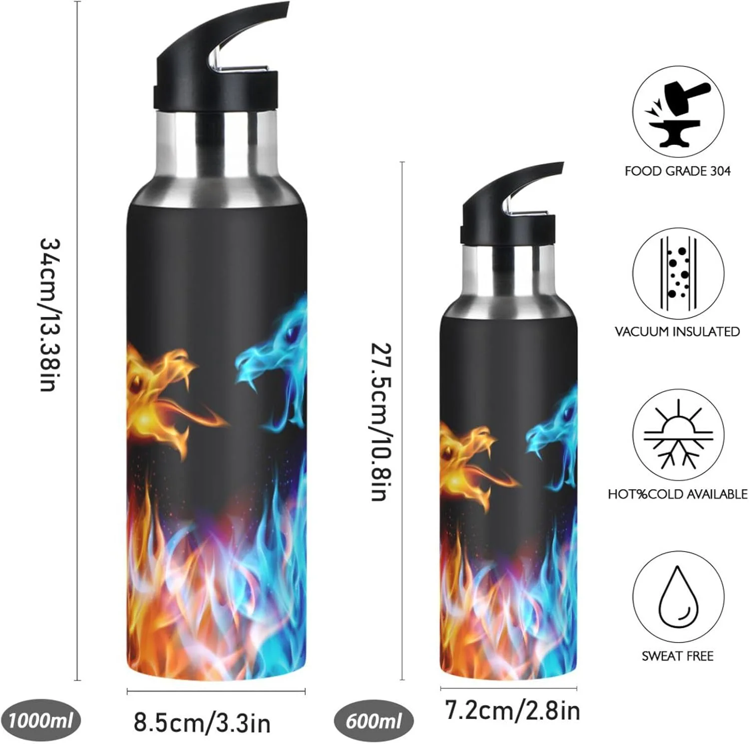 بطری آب 20 اونسی Mnsruu با نی، بطری آب فولادی ضد زنگ طرح اژدهای آتشین برای مسافرت، ورزشی، ضد نشت و عایق بطری آب 20 اونسی Mnsruu با نی، بطری آب فولادی ضد زنگ طرح اژدهای آتشین برای مسافرت، ورزشی، ضد نشت و عایق