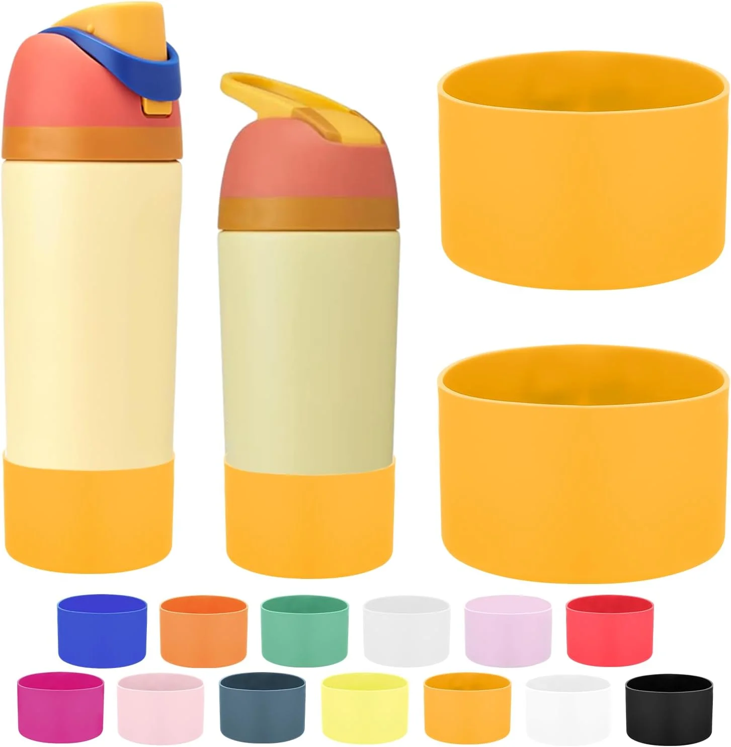 محافظ سیلیکونی بطری آب کودک میتی رین، سازگار با بطری آب 16 و 14 اونسی Owala Kids (زرد طلایی، 2 عددی)