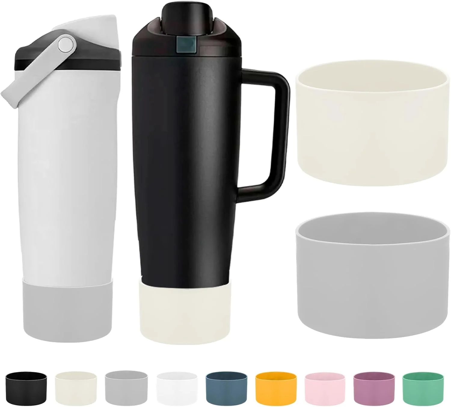 دو عدد محافظ سیلیکونی Mity rain برای بطری و فلاسک های Owala مدل FreeSip Sway با ظرفیت 30 و 40 اونس - لوازم جانبی برای Owala، افزایش ثبات و جلوگیری از خراش (عاجی و خاکستری روشن)