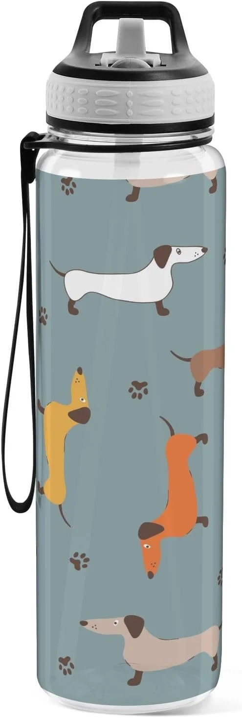 بطری آب ورزشی MNSRUU با طرح سگ های داشهوند زیبا، بطری نوشیدنی نی دار تریتان بزرگ 1000 میلی لیتری بدون BPA، ضد نشت شفاف برای کودکان، پسران، دختران، زنان، مردان، باشگاه، مدرسه