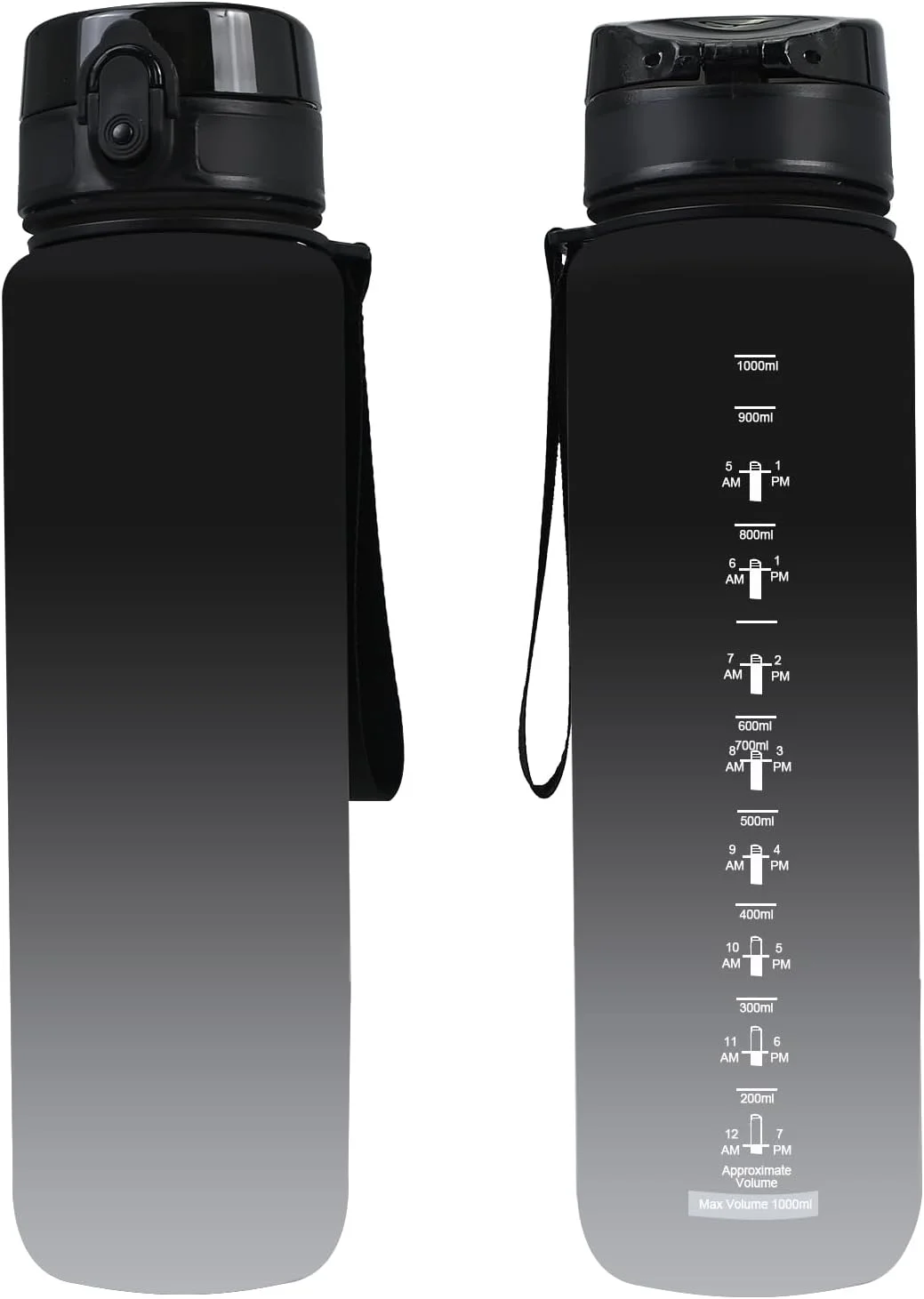 بطری آب میکوِن 1 لیتری با نشانگر زمان - بطری آب انگیزشی برای باشگاه، پیاده روی، تناسب اندام، یوگا (سیاه-سفید)