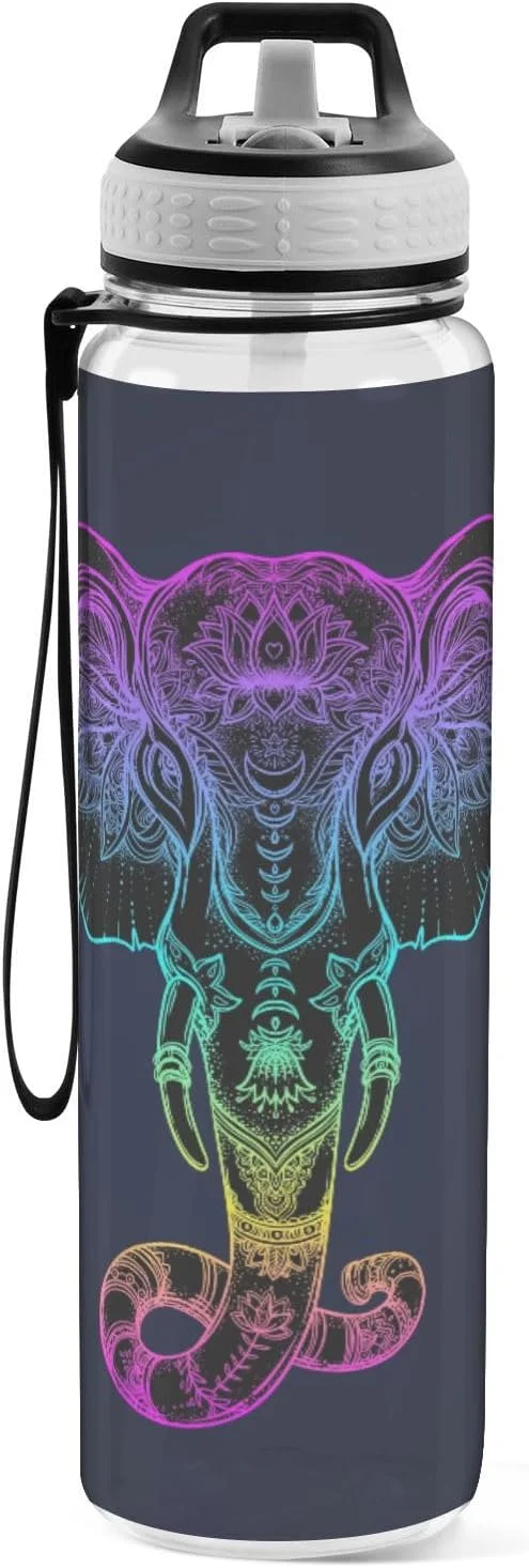 بطری آب ورزشی MNSRUU طرح قبیله ای فیل، بطری نوشیدنی نی دار بزرگ 1000 میلی لیتری بدون BPA، ضد نشت شفاف برای کودکان، پسران، دختران، زنان، مردان، باشگاه، مدرسه