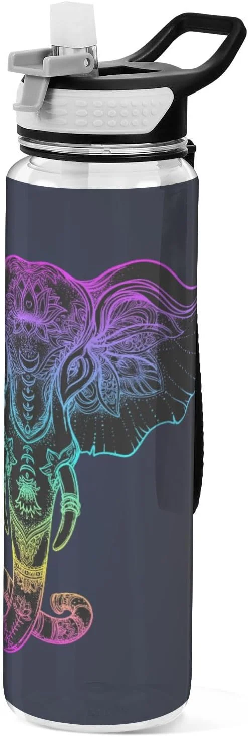 بطری آب ورزشی MNSRUU طرح قبیله ای فیل، بطری نوشیدنی نی دار بزرگ 1000 میلی لیتری بدون BPA، ضد نشت شفاف برای کودکان، پسران، دختران، زنان، مردان، باشگاه، مدرسه