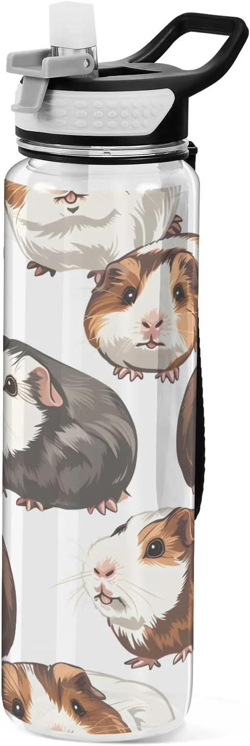 بطری آب خوکچه هندی خنده دار Mnsruu با نی، بطری ورزشی 1 لیتری، تریتان بدون BPA، بطری نوشیدنی شفاف برای بزرگسالان، مدرسه، باشگاه، مسافرت در فضای باز