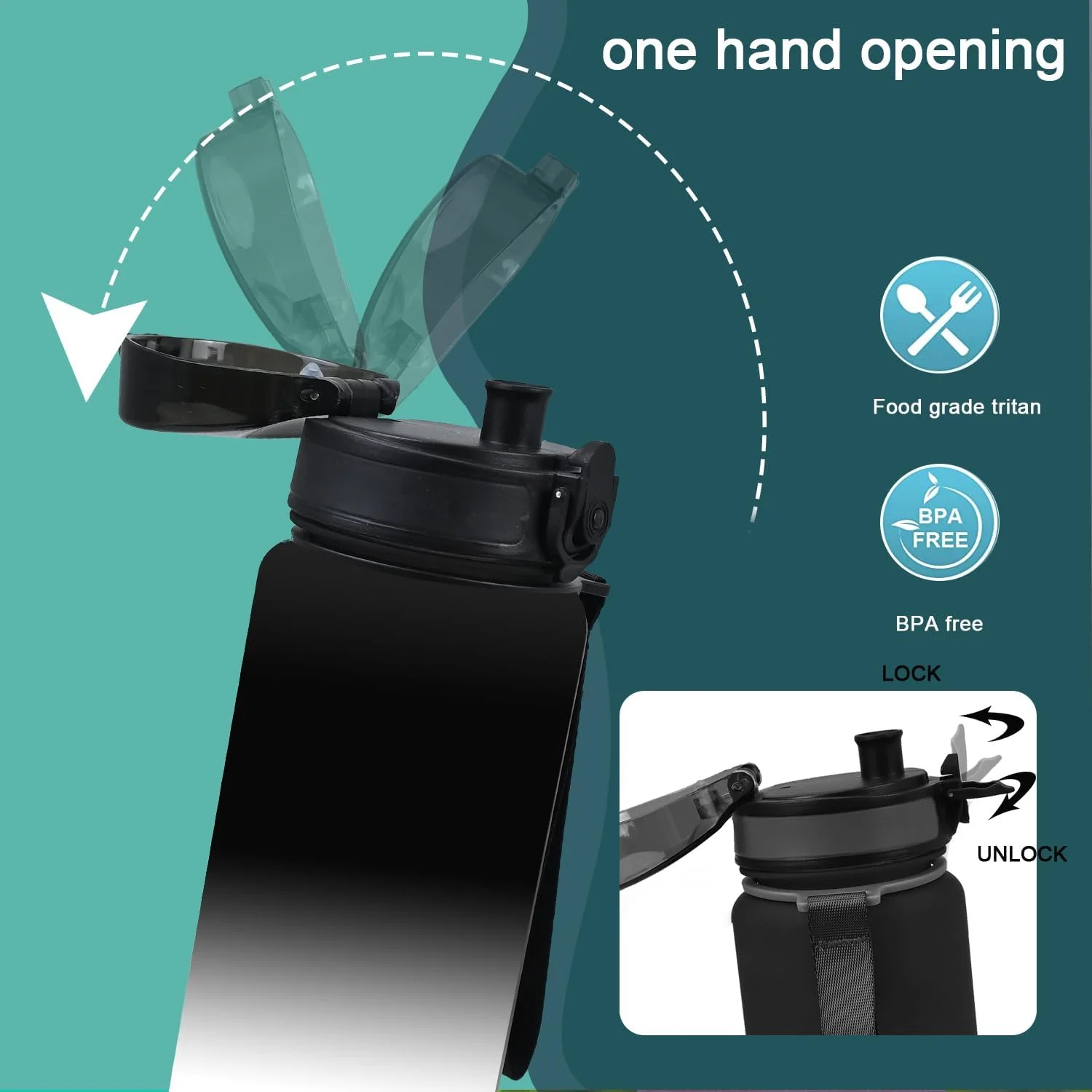 بطری آب میکوِن 1 لیتری با نشانگر زمان - بطری آب انگیزشی برای باشگاه، پیاده روی، تناسب اندام، یوگا (سیاه-سفید)