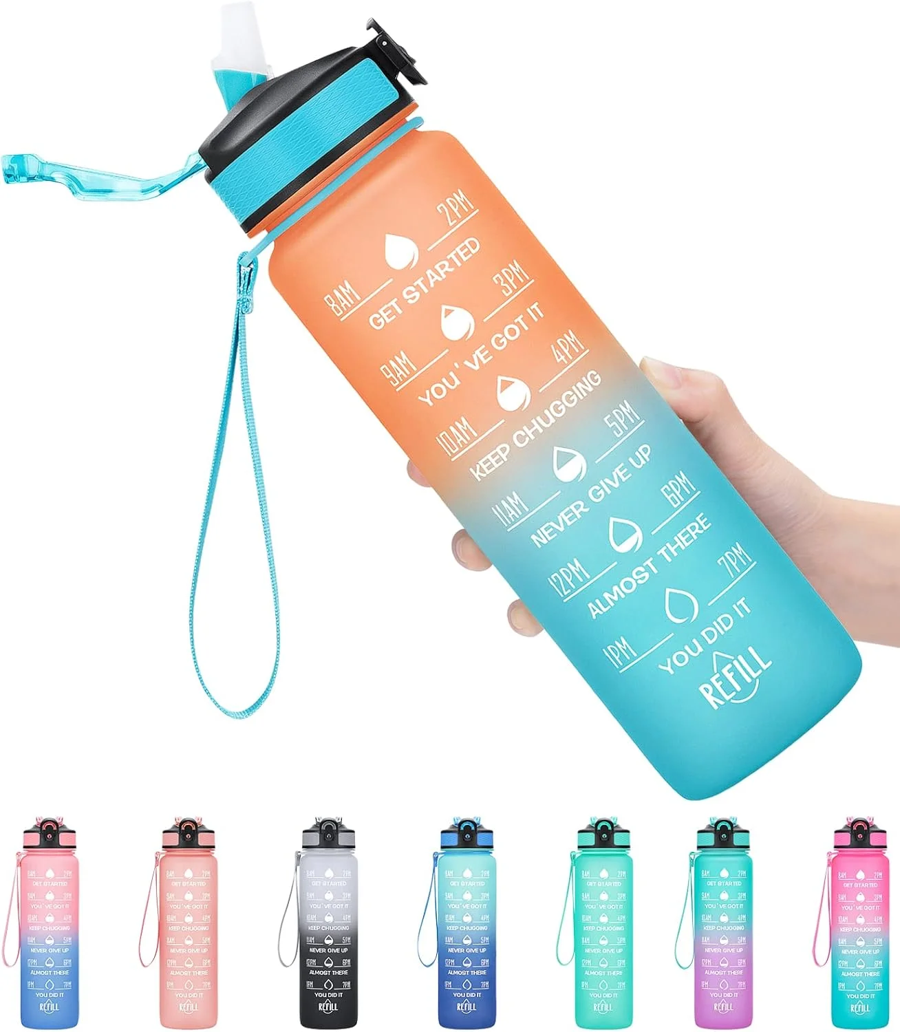 بطری آب ورزشی 1 لیتری با نی و نشانگر زمان، ضد نشت با درب بدون BPA، طراحی بطری نوشیدنی پلاستیکی بدون سم برای ورزش، باشگاه، دفتر، دویدن (نارنجی سبز)