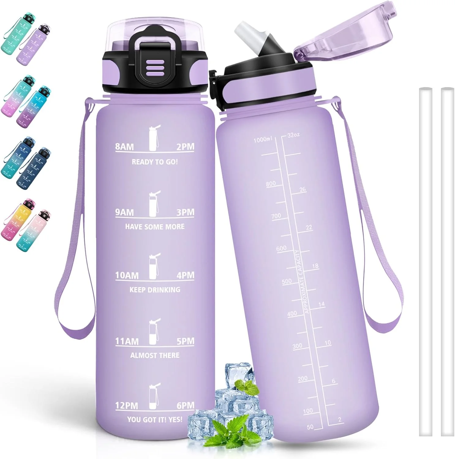 بطری آب 1 لیتری، بطری آب با نی، بطری آب ورزشی با علامت گذاری زمان، بطری نوشیدنی برای نوشیدنی های گازدار، قابل حمل، بطری آب برای تناسب اندام، کمپینگ، پیاده روی، بنفش