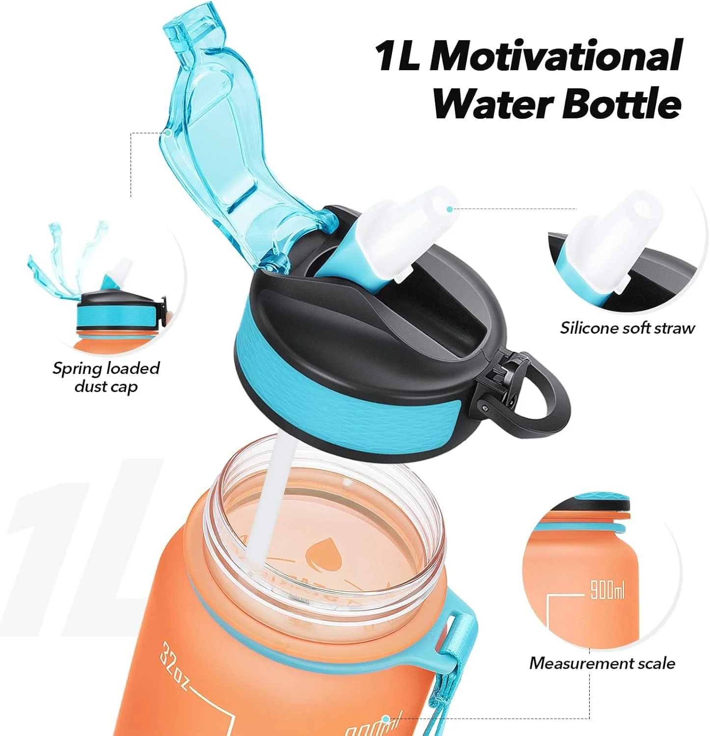بطری آب ورزشی 1 لیتری با نی و نشانگر زمان، ضد نشت با درب بدون BPA، طراحی بطری نوشیدنی پلاستیکی بدون سم برای ورزش، باشگاه، دفتر، دویدن (نارنجی سبز) بطری آب ورزشی 1 لیتری با نی و نشانگر زمان، ضد نشت با درب بدون BPA، طراحی بطری نوشیدنی پلاستیکی بدون سم برای ورزش، باشگاه، دفتر، دویدن (نارنجی سبز)