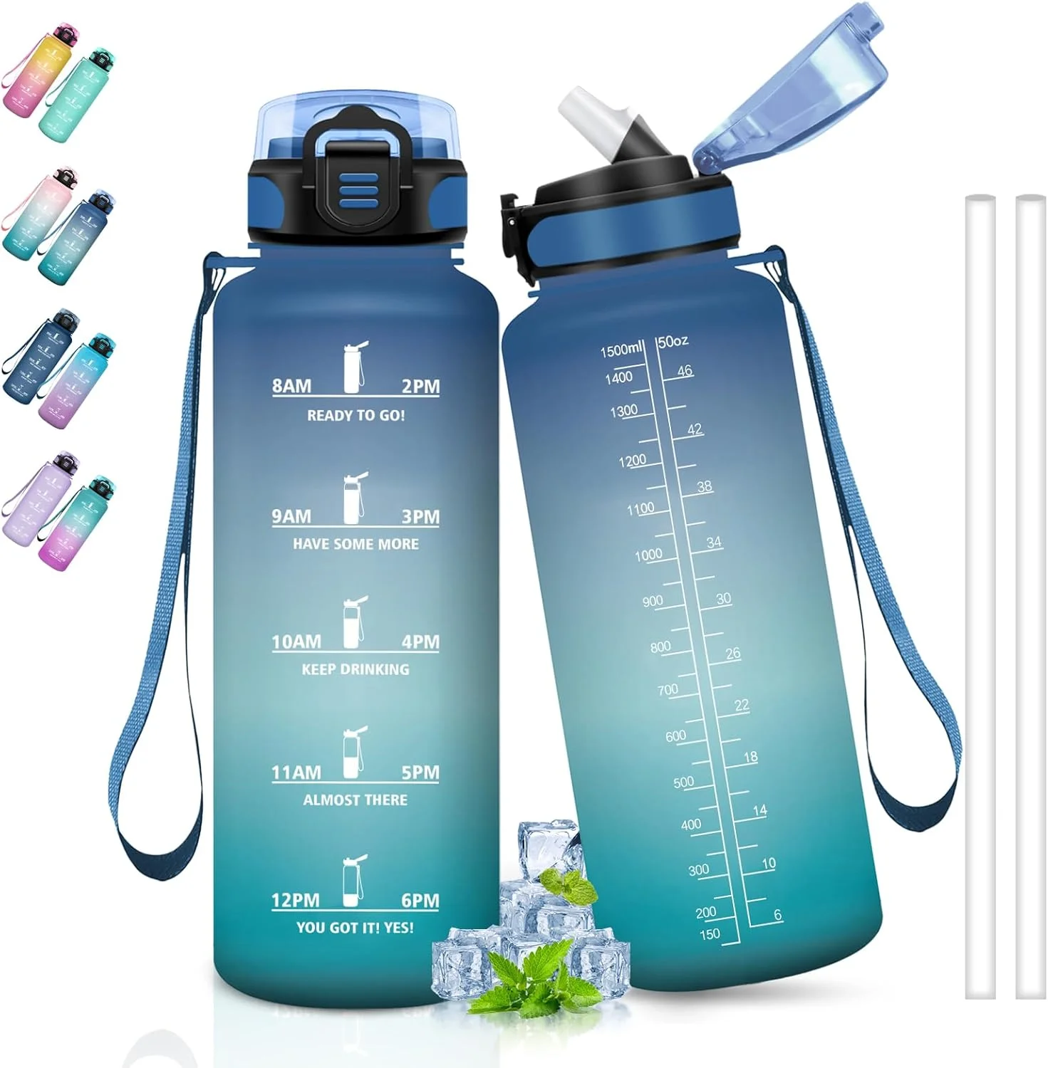 بطری آب 1.5 لیتری، بطری ورزشی با نشانگر زمان، بطری نوشیدنی با نی، ضد نشت، تمیز کردن آسان، بطری آب برای پیاده روی، تناسب اندام، کمپینگ، یوگا، آبی/سبز