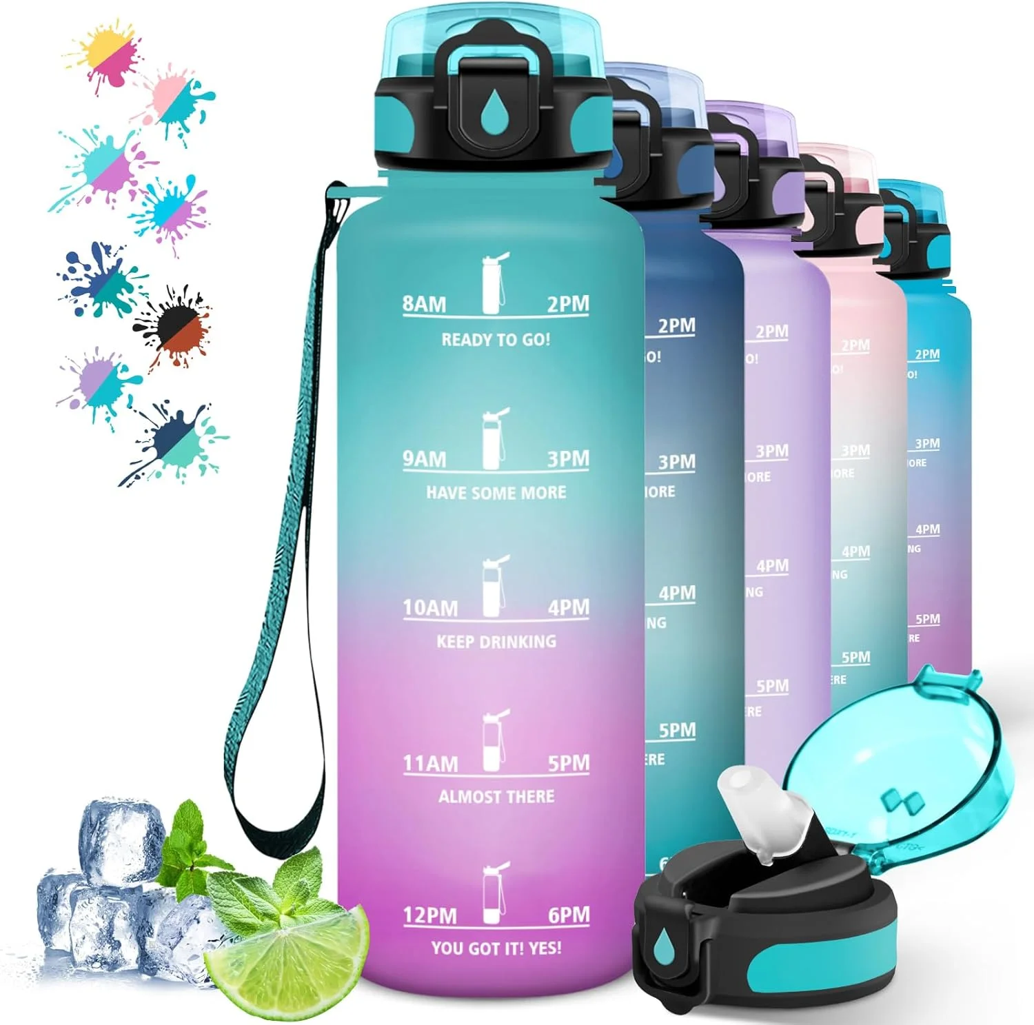 بطری آب، بطری آب 1.5 لیتری، بطری آب ورزشی با نشانگر زمان، بطری نوشیدنی با نی، بطری نوشیدنی برای نوشیدنی های گازدار، قابل حمل، برای یوگا، کمپینگ، دویدن