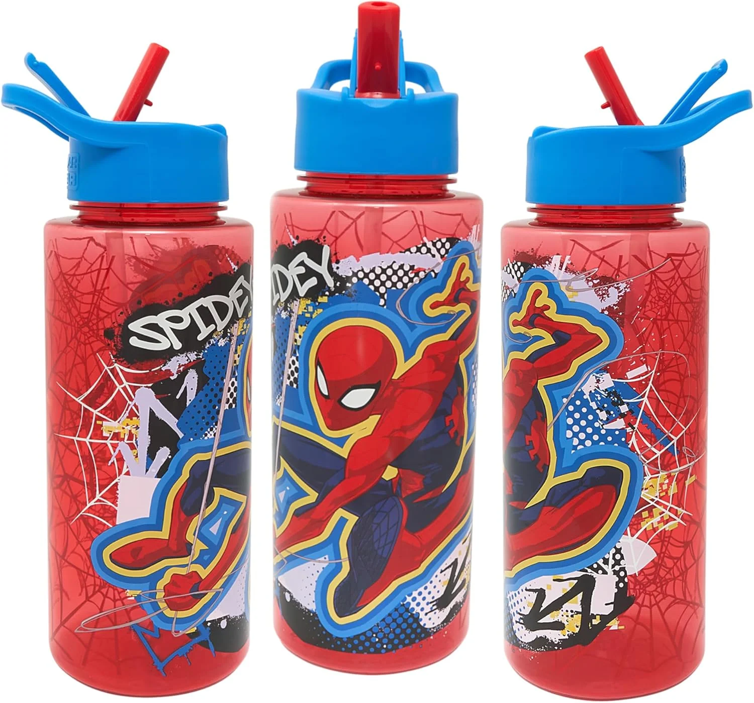 بطری آب کودکانه مارول مرد عنکبوتی با نی از Polar Gear - لوازم مدرسه پسرانه، بطری آب با درپوش گرد و غبار، قرمز