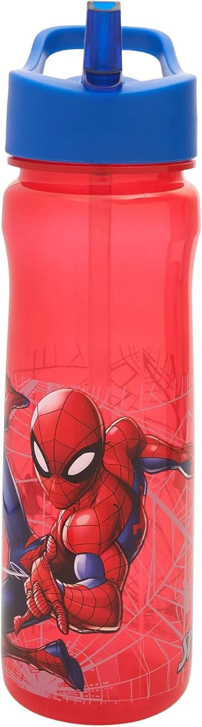 بطری آب کودکانه طرح مرد عنکبوتی مارول با نی - قابل استفاده مجدد 600 میلی لیتر - محصول رسمی پولار گیر - پلاستیک قابل بازیافت و فاقد BPA - مناسب مدرسه، مهدکودک، ورزش و پیک نیک