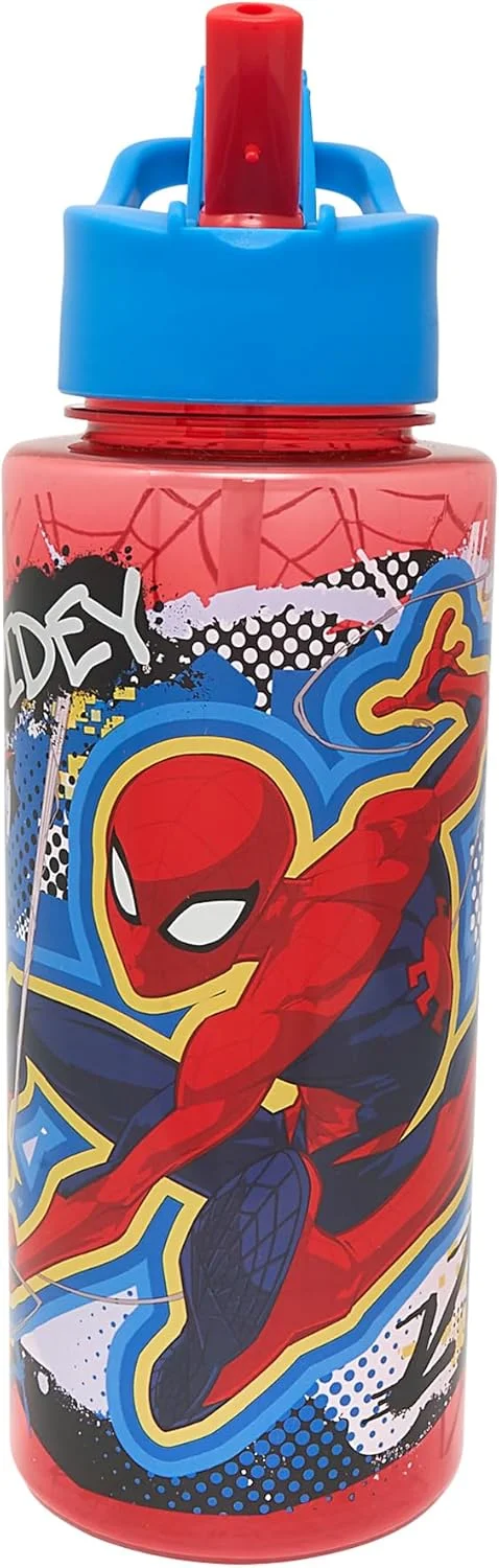 بطری آب کودکانه مارول مرد عنکبوتی با نی از Polar Gear - لوازم مدرسه پسرانه، بطری آب با درپوش گرد و غبار، قرمز