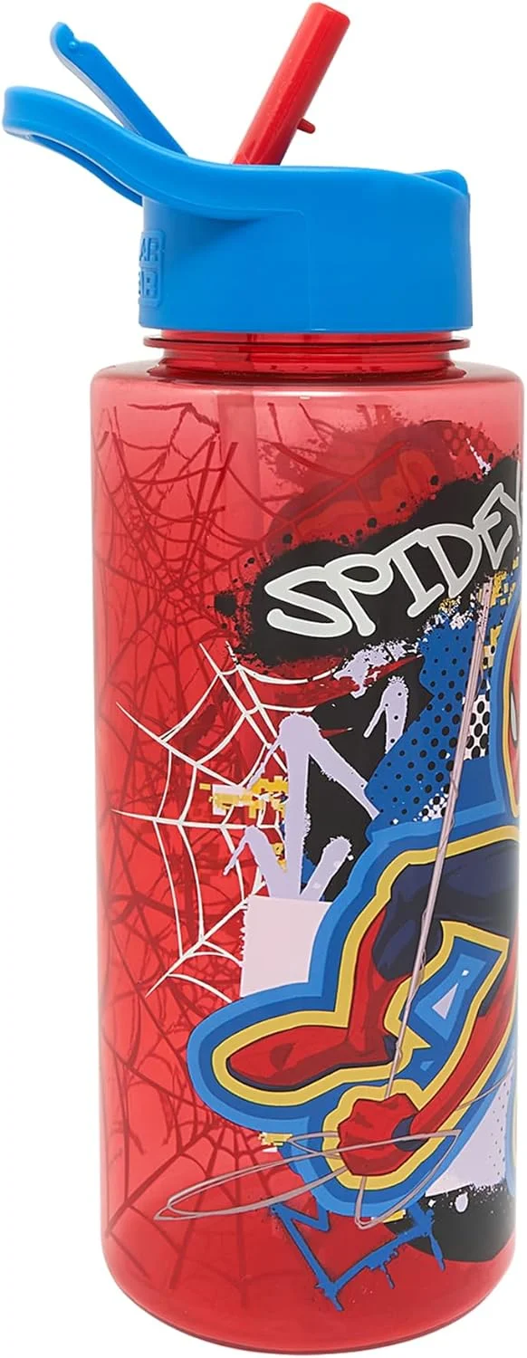 بطری آب کودکانه مارول مرد عنکبوتی با نی از Polar Gear - لوازم مدرسه پسرانه، بطری آب با درپوش گرد و غبار، قرمز