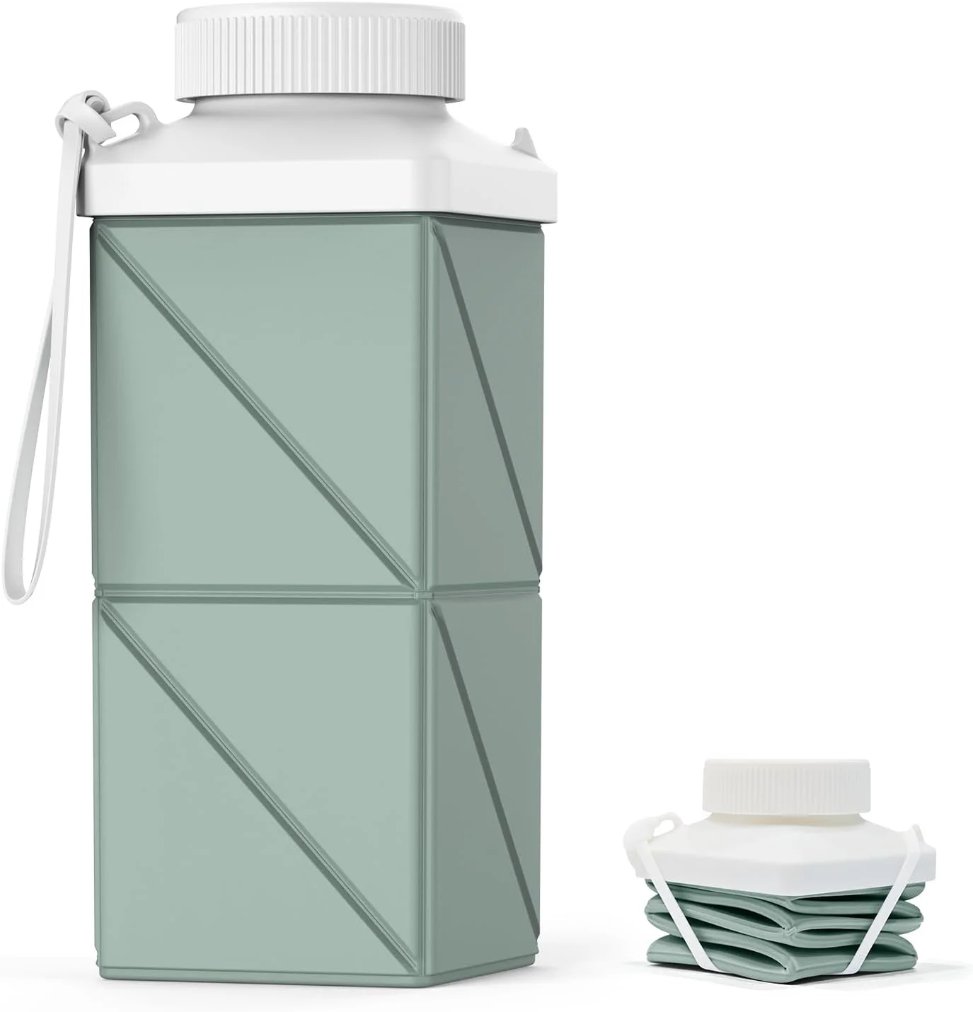 بطری آب تاشو 520 میلی لیتری، نسل دوم، ضد نشت، بدون BPA، بطری آب مسافرتی سیلیکونی، بطری آب سبک و قابل استفاده مجدد، قابل حمل برای مسافرت، دوچرخه سواری، باشگاه، کمپینگ، سبز مریم گلی