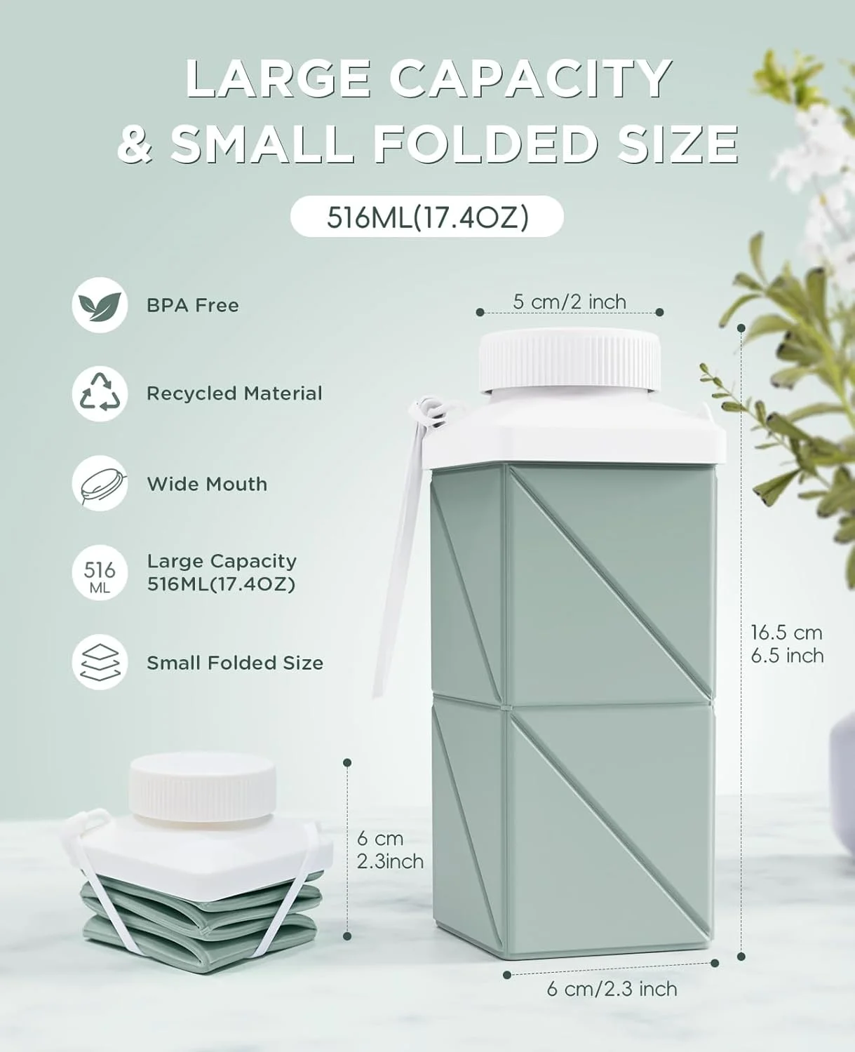 بطری آب تاشو 520 میلی لیتری، نسل دوم، ضد نشت، بدون BPA، بطری آب مسافرتی سیلیکونی، بطری آب سبک و قابل استفاده مجدد، قابل حمل برای مسافرت، دوچرخه سواری، باشگاه، کمپینگ، سبز مریم گلی