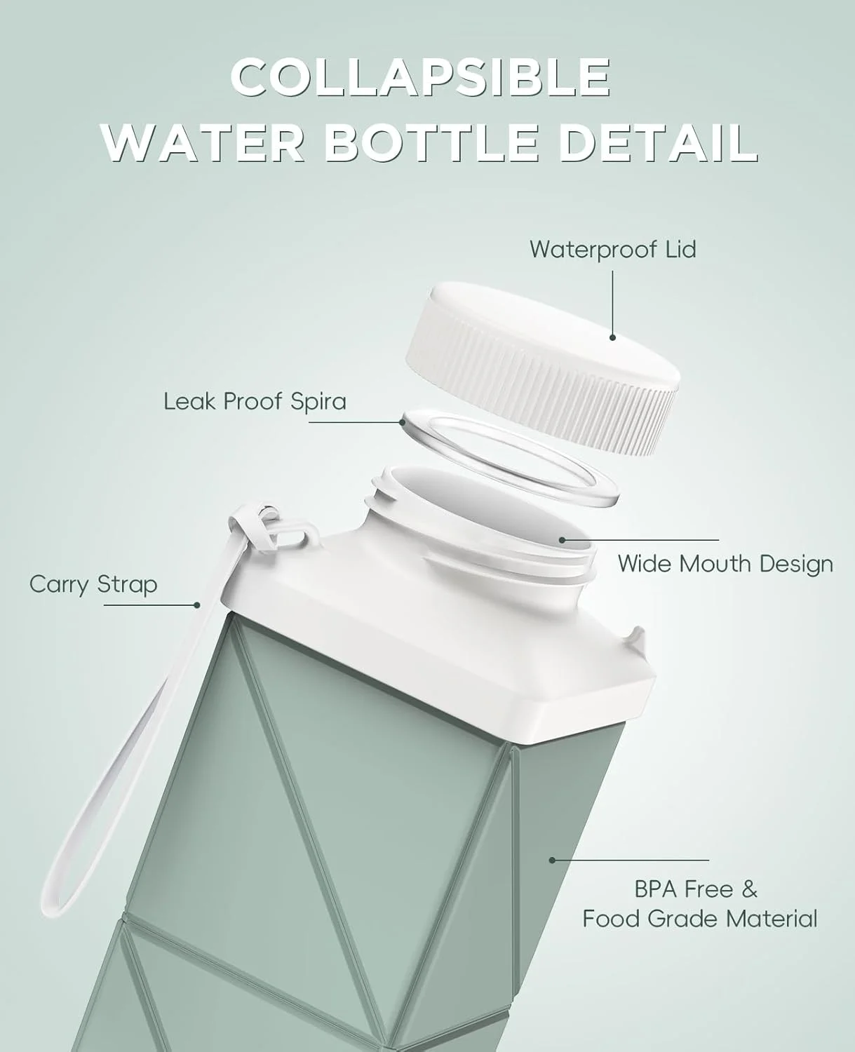 بطری آب تاشو 520 میلی لیتری، نسل دوم، ضد نشت، بدون BPA، بطری آب مسافرتی سیلیکونی، بطری آب سبک و قابل استفاده مجدد، قابل حمل برای مسافرت، دوچرخه سواری، باشگاه، کمپینگ، سبز مریم گلی