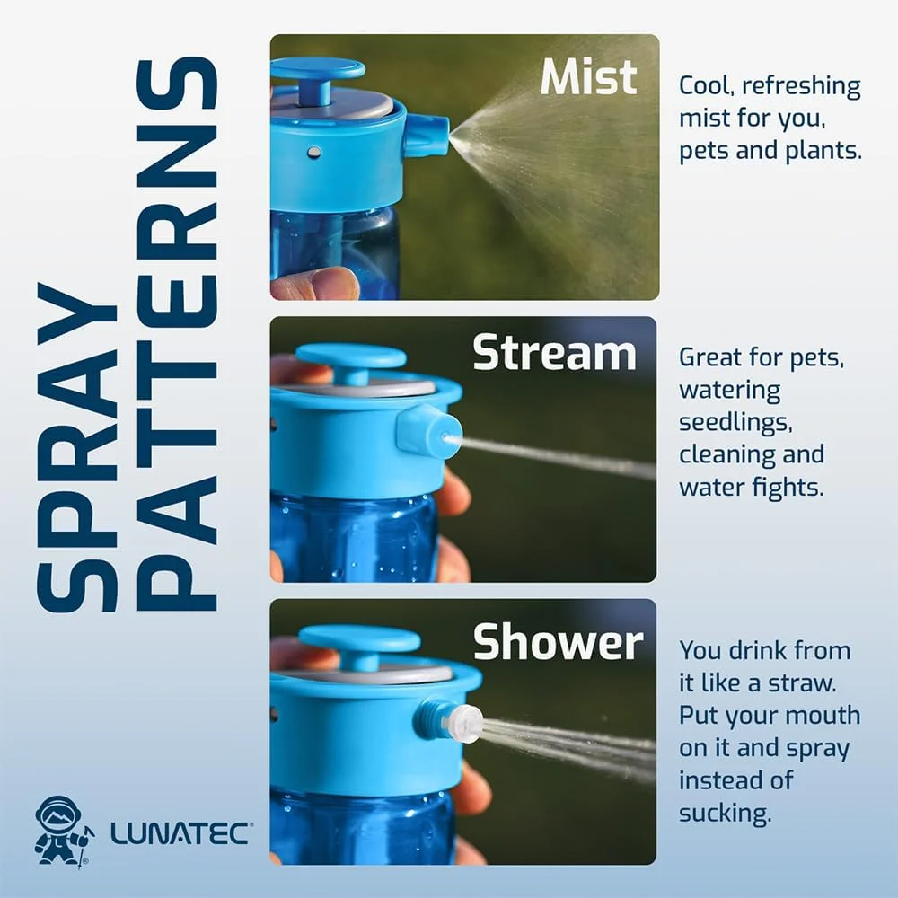بطری آب اسپری دار Lunatec، یک افشانه شخصی تحت فشار، دوش کمپینگ و بطری آب ورزشی در یک بطری بدون BPA با کاربری آسان.