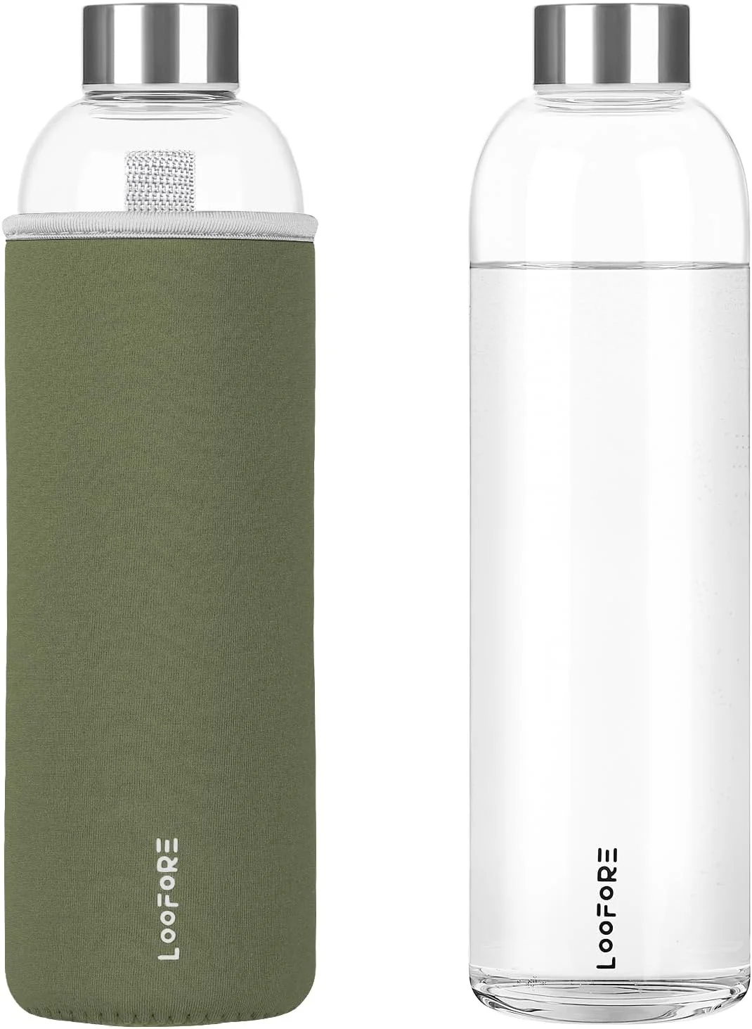 بطری شیشه ای 1 لیتری / بطری نوشیدنی شیشه ای 1000 میلی لیتری با آستین نئوپرن، بطری آب بدون BPA، قابل شستشو در ماشین ظرفشویی، بطری آب برای نوشیدنی های گازدار، زیتونی سبز