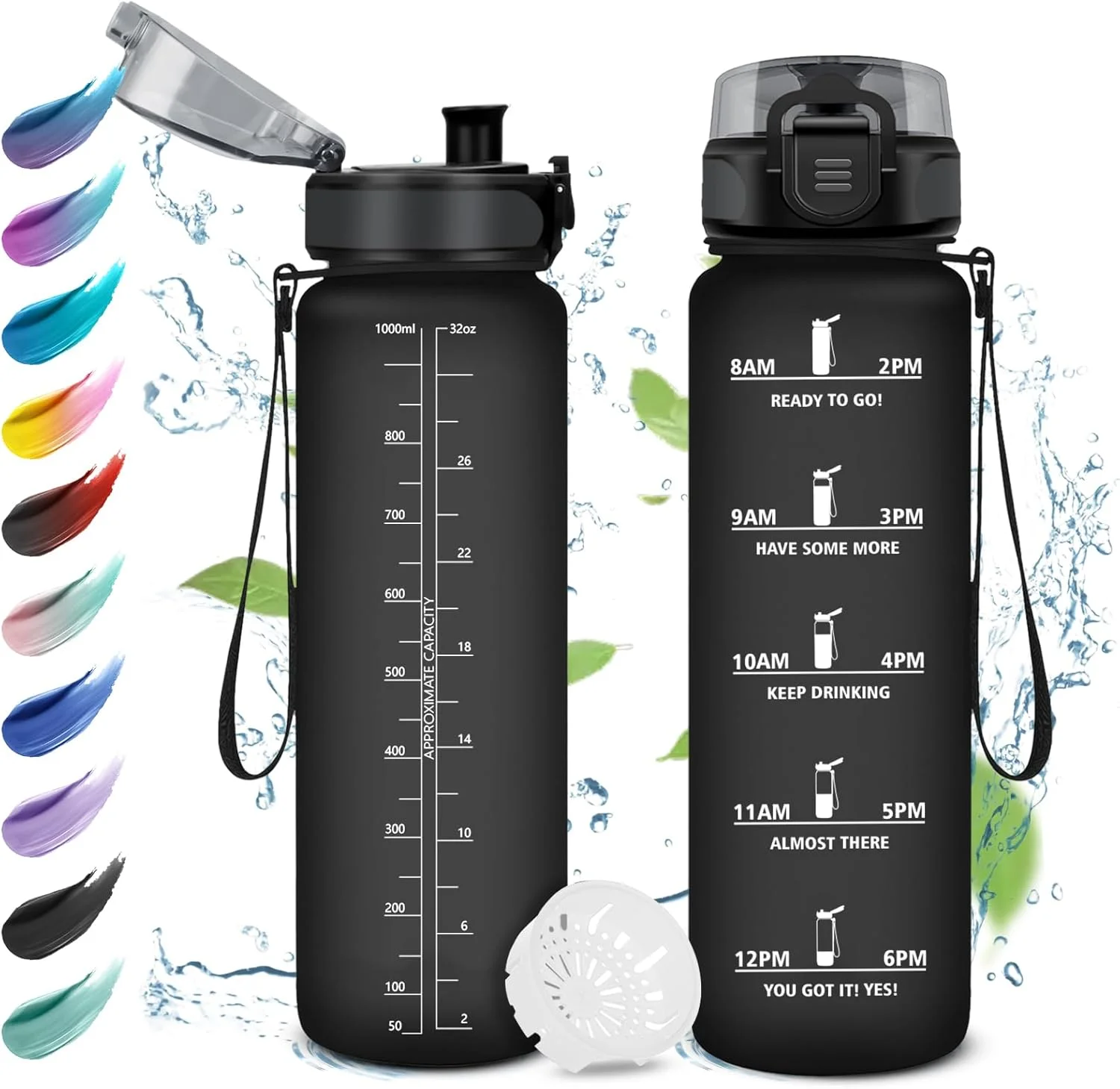 بطری آب ورزشی، 1 لیتری، بطری آب ورزشی با فیلتر، ضد نشت، مناسب برای ورزش، نوشیدنی های گازدار، بطری ورزشی با علامت گذاری زمان، بطری آب برای کمپینگ، یوگا، باشگاه، فضای باز، دفتر