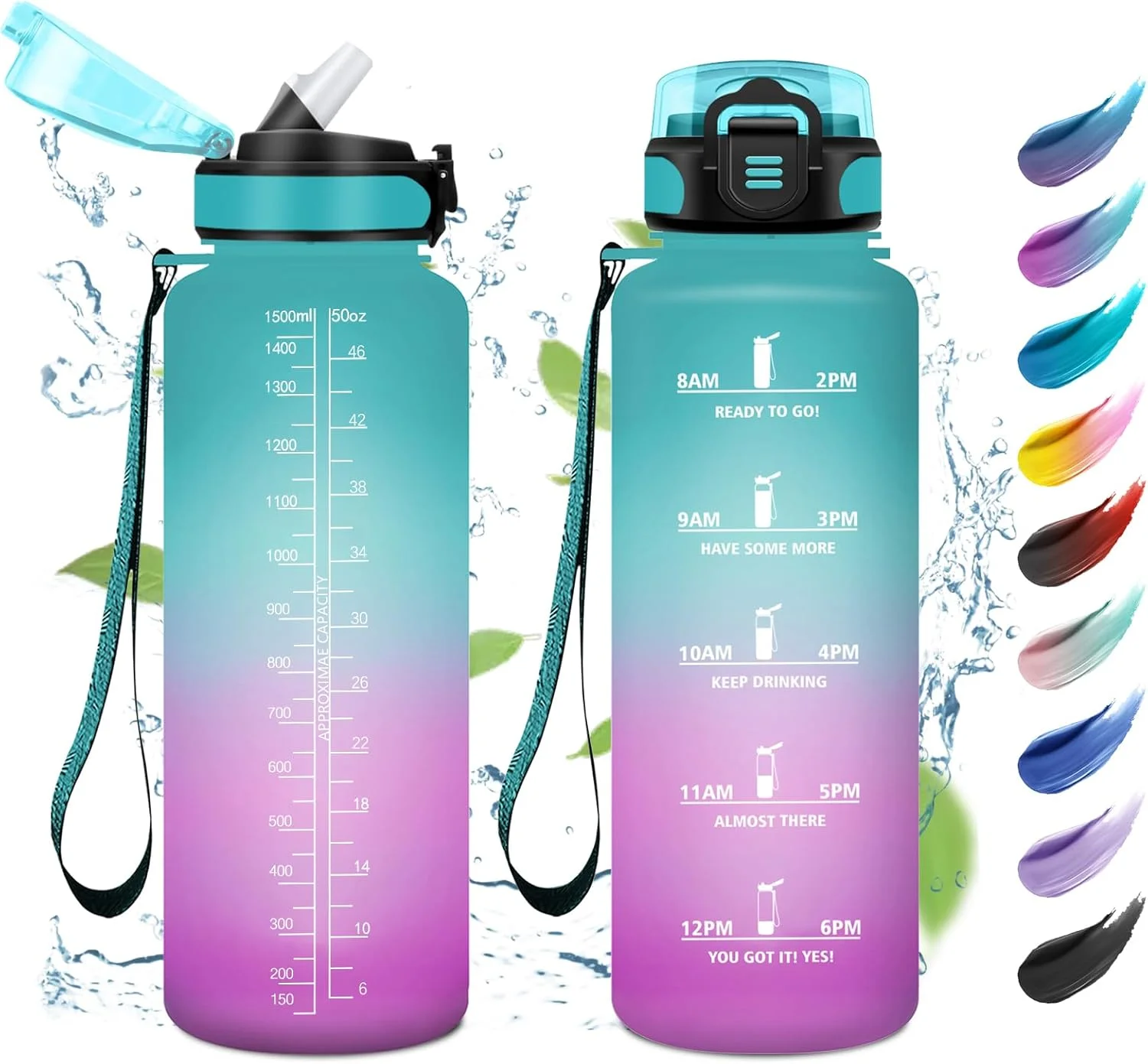 بطری آب ورزشی، 1.5 لیتر، ضد نشت، مناسب برای نوشیدنی های گازدار، بطری آب با علامت گذاری زمان، بطری آب با نی، بطری ورزشی برای فضای باز، باشگاه، کمپینگ، دوچرخه