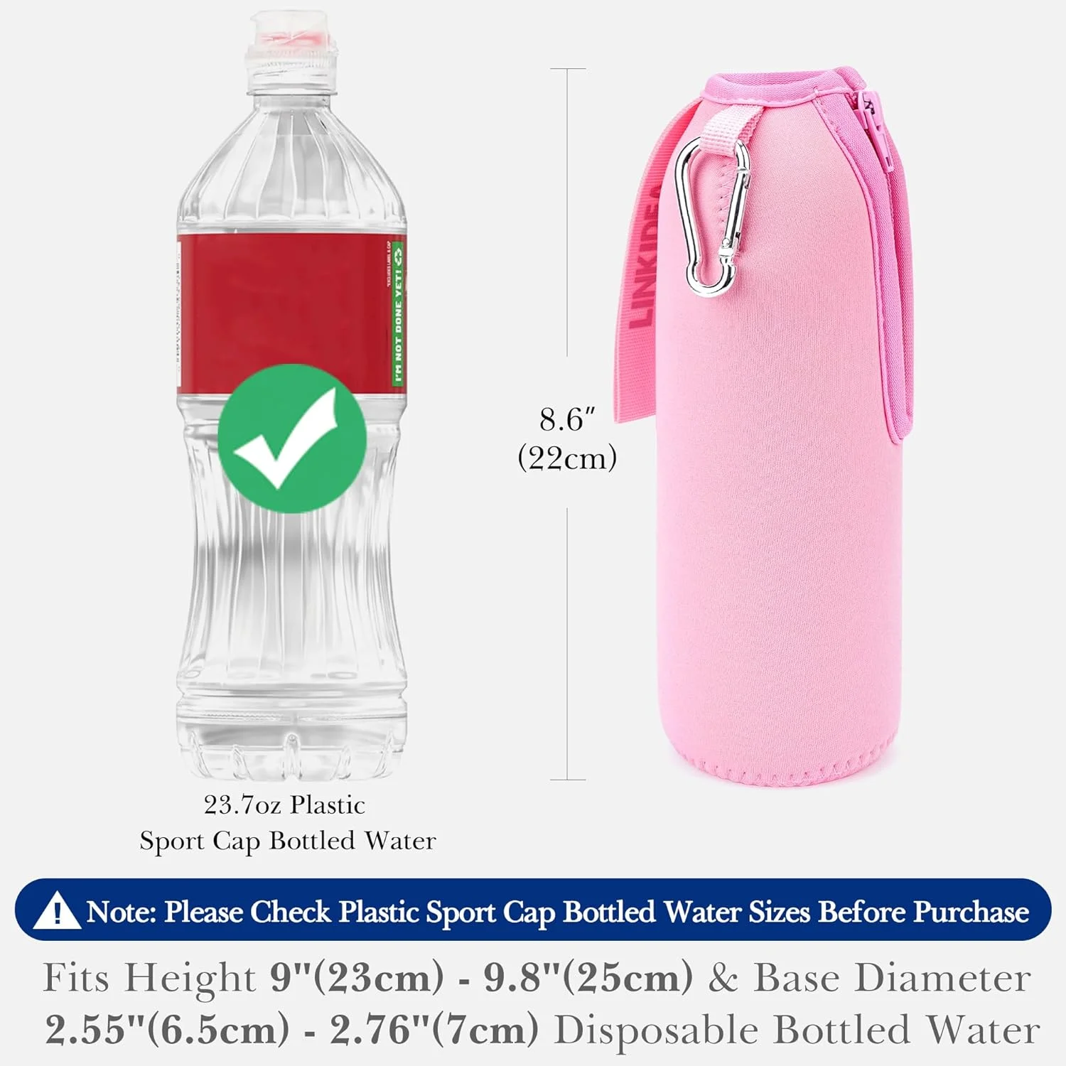 محافظ بطری آب ورزشی Linkidea سازگار با بطری های آب 700 میلی لیتری، نگهدارنده عایق دار مخملی نئوپرن با زیپ و قفل، صورتی