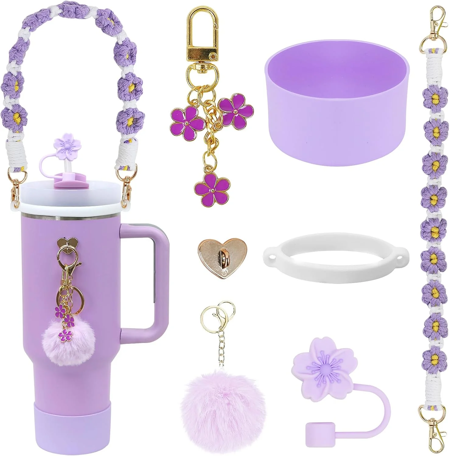 ست لوازم جانبی لیوان استنلی LACGO، شامل 6 قطعه: محافظ سیلیکونی زیر لیوان، بند بافتنی بوهو، درپوش نی، آویزهای تزئینی برای لیوان های 30/40oz (بنفش)