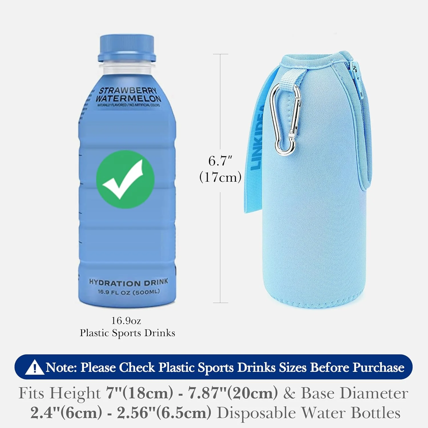 محافظ نوشیدنی ورزشی Linkidea سازگار با نوشیدنی های ورزشی 500 میلی لیتری، روکش عایق نئوپرن مخملی با زیپ و قفل، آبی روشن