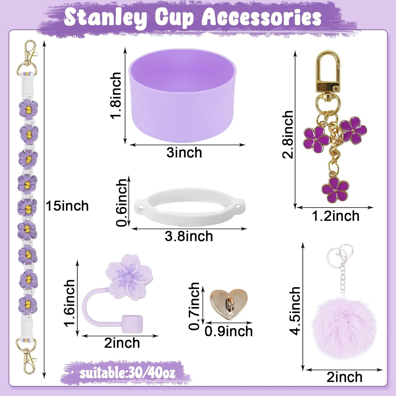 ست لوازم جانبی لیوان استنلی LACGO، شامل 6 قطعه: محافظ سیلیکونی زیر لیوان، بند بافتنی بوهو، درپوش نی، آویزهای تزئینی برای لیوان های 30/40oz (بنفش)