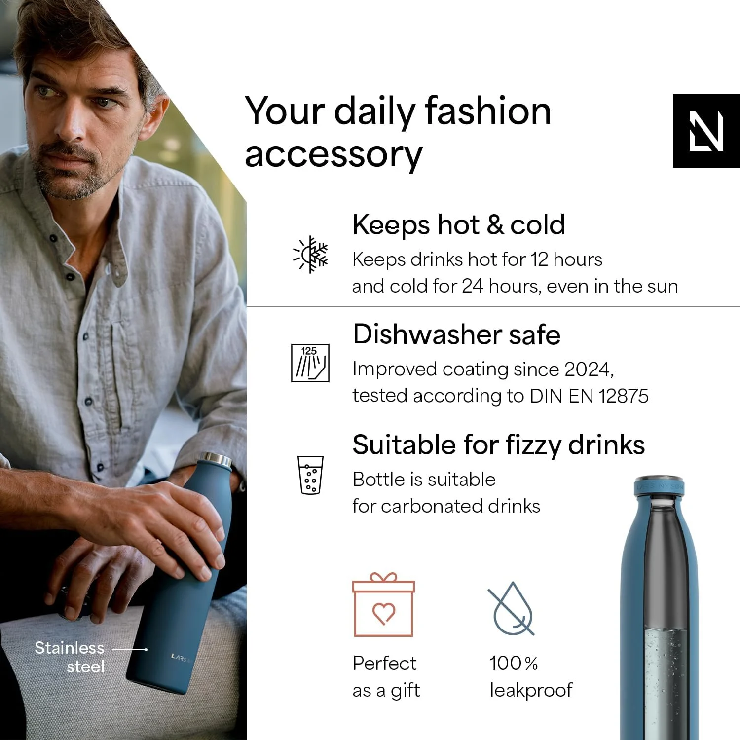 بطری استیل LARS NYSØM در اندازه های 350 میلی لیتر، 500 میلی لیتر، 750 میلی لیتر، 1 لیتر و 1.5 لیتر | بطری حرارتی مناسب برای نوشیدنی های گازدار | بطری آب برای ورزش، یوگا یا مدرسه (آبی کالیپسو، 750 میلی لیتر) بطری استیل LARS NYSØM در اندازه های 350 میلی لیتر، 500 میلی لیتر، 750 میلی لیتر، 1 لیتر و 1.5 لیتر | بطری حرارتی مناسب برای نوشیدنی های گازدار | بطری آب برای ورزش، یوگا یا مدرسه (آبی کالیپسو، 750 میلی لیتر)