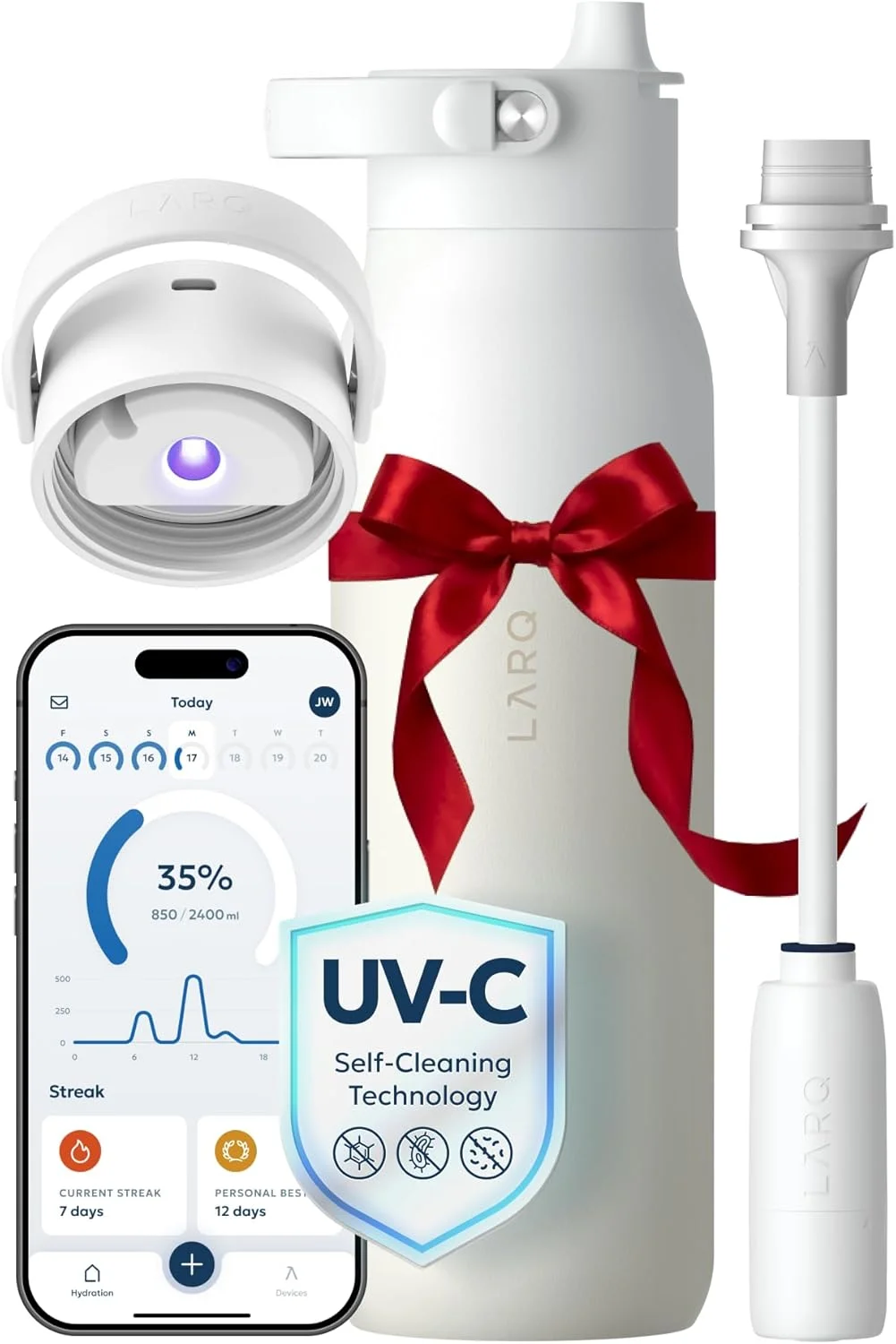 بطری LARQ PureVis 2 با حجم 680 میلی لیتر - تصفیه کننده آب UV با قابلیت خود تمیز شوندگی، ردیابی میزان آب بدن از طریق اپلیکیشن، نی فیلتردار، دسته جداشدنی، عایق دو جداره، گرانیت سفید