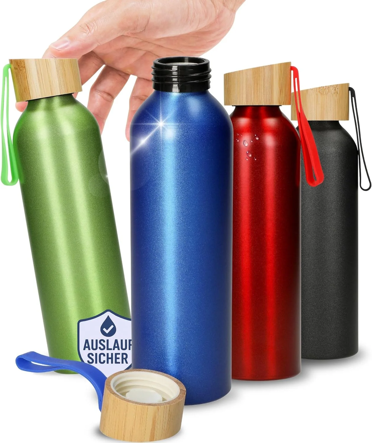 بطری نوشیدنی ضد نشت، 600 میلی لیتر، بطری آب فوق سبک برای نوشیدنی های گازدار، بدون BPA و مقاوم در برابر شکستن، بطری ورزشی با بند سیلیکونی برای کودکان و بزرگسالان، رنگ: آبی/طبیعی